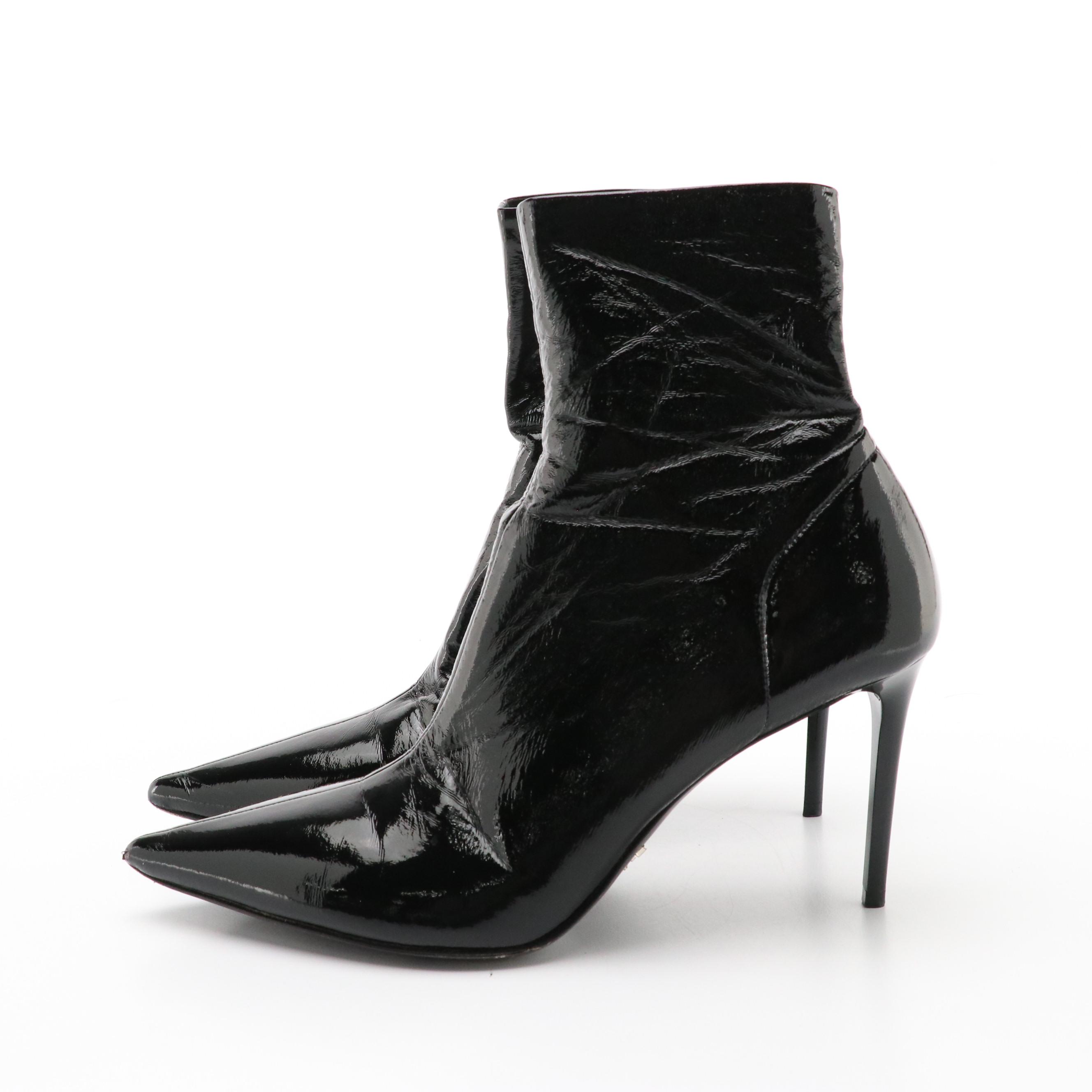 Prada Pointed-Toe Stiletto Heel Ankle Boots in Black Patent Leather
