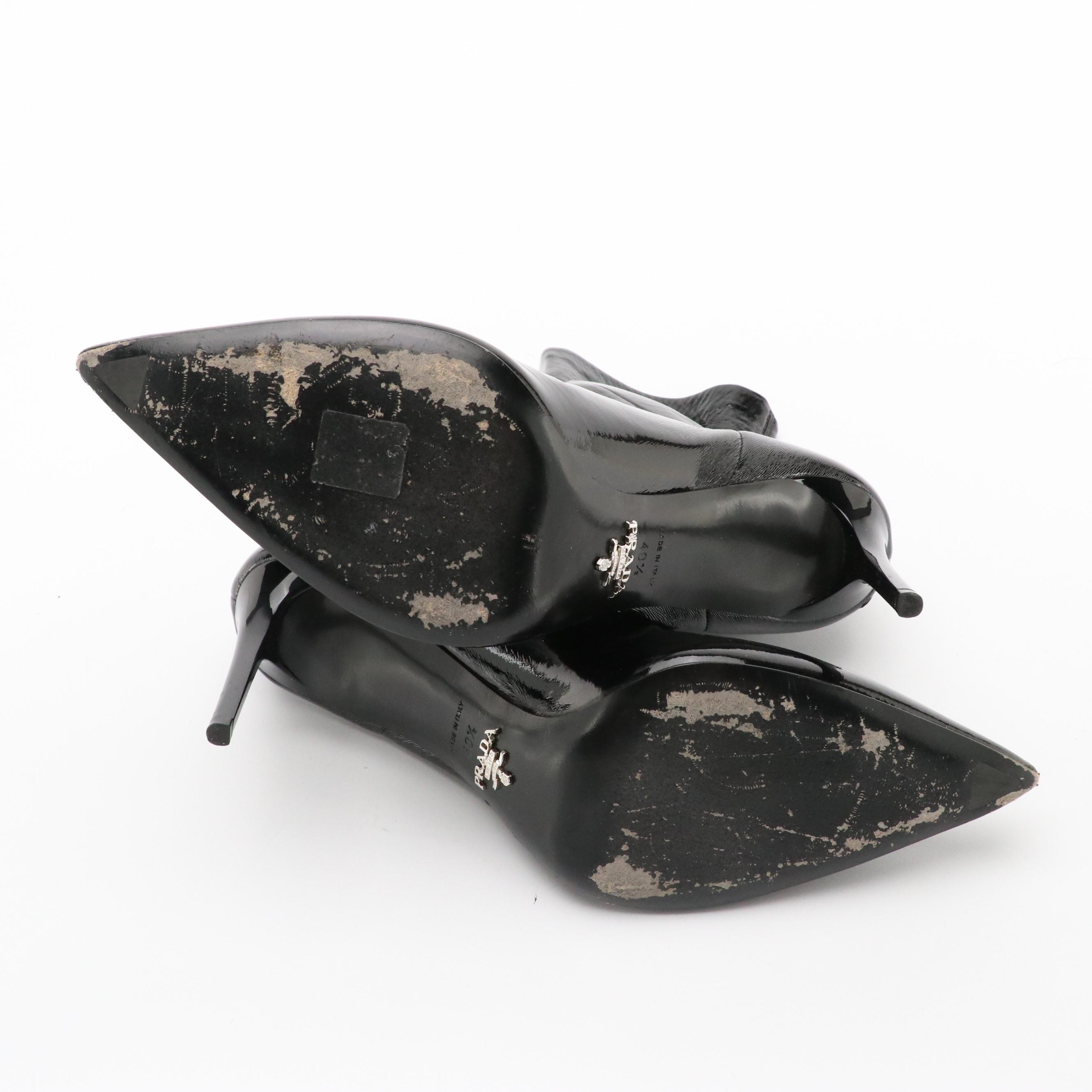 Prada Pointed-Toe Stiletto Heel Ankle Boots in Black Patent Leather