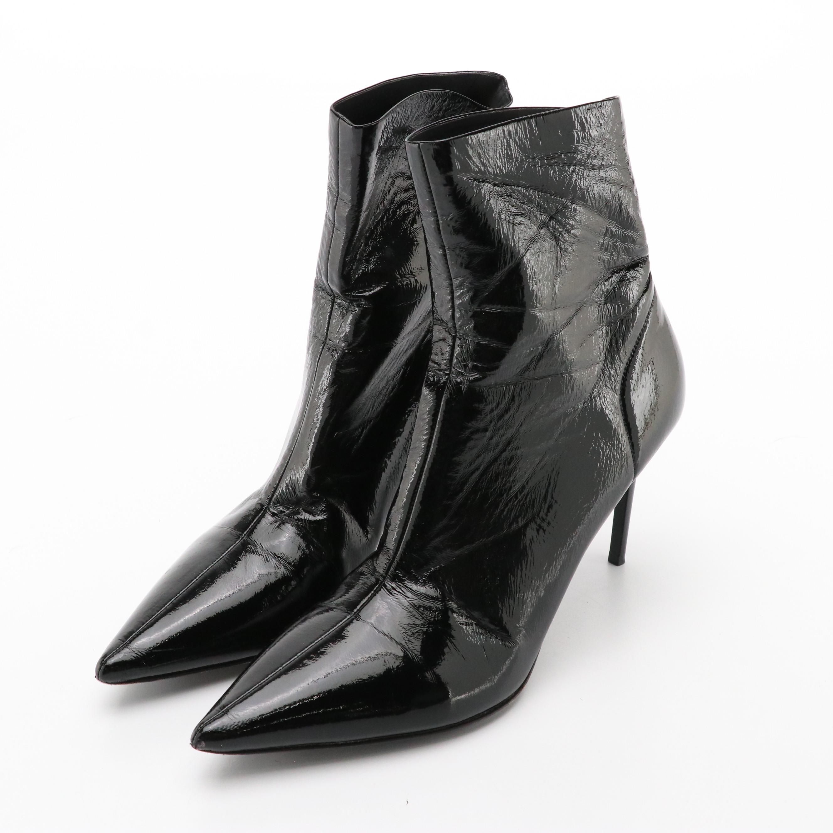 Prada Pointed-Toe Stiletto Heel Ankle Boots in Black Patent Leather