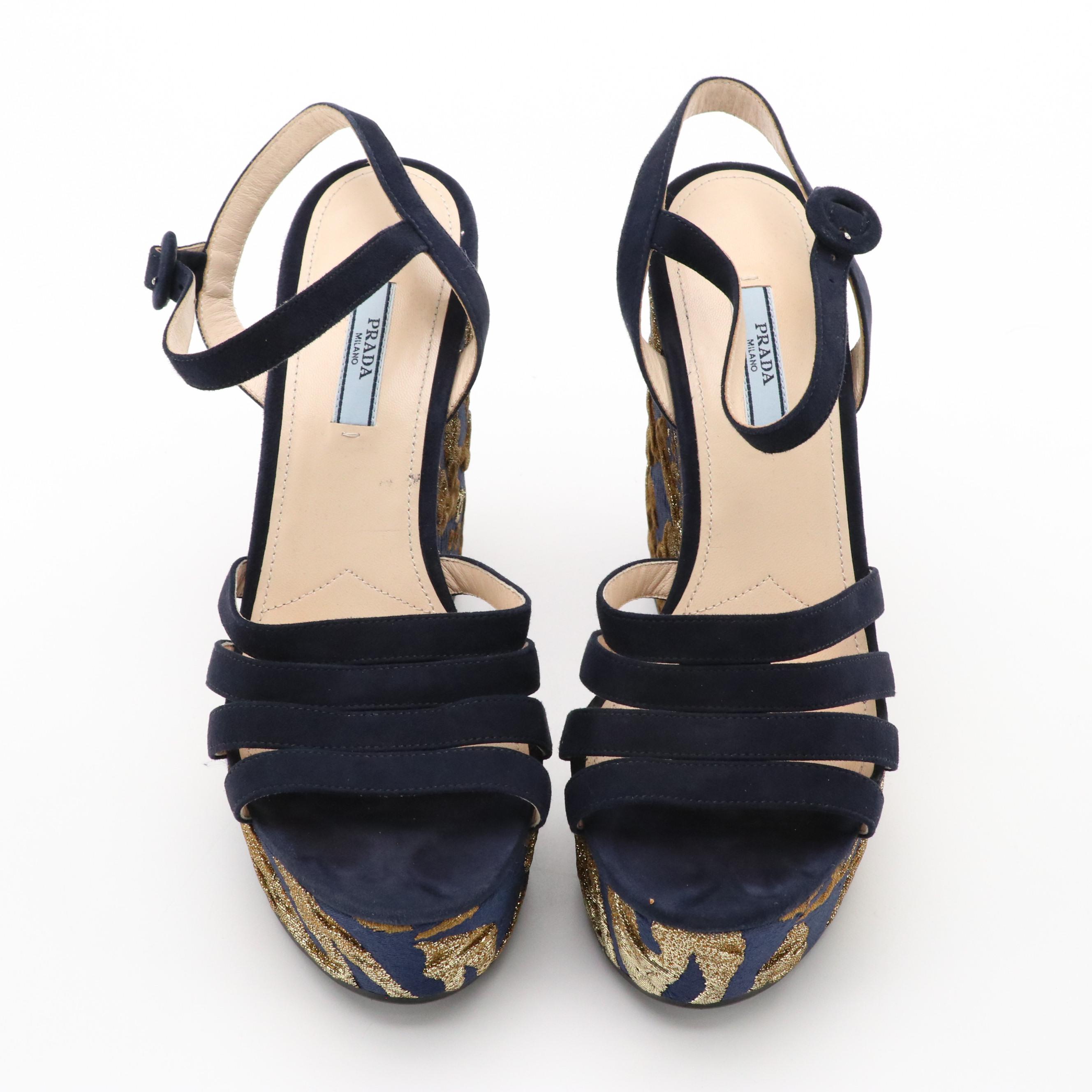 Prada Suede and Metallic Jacquard Platform Wedge Sandals in Navy and Gold