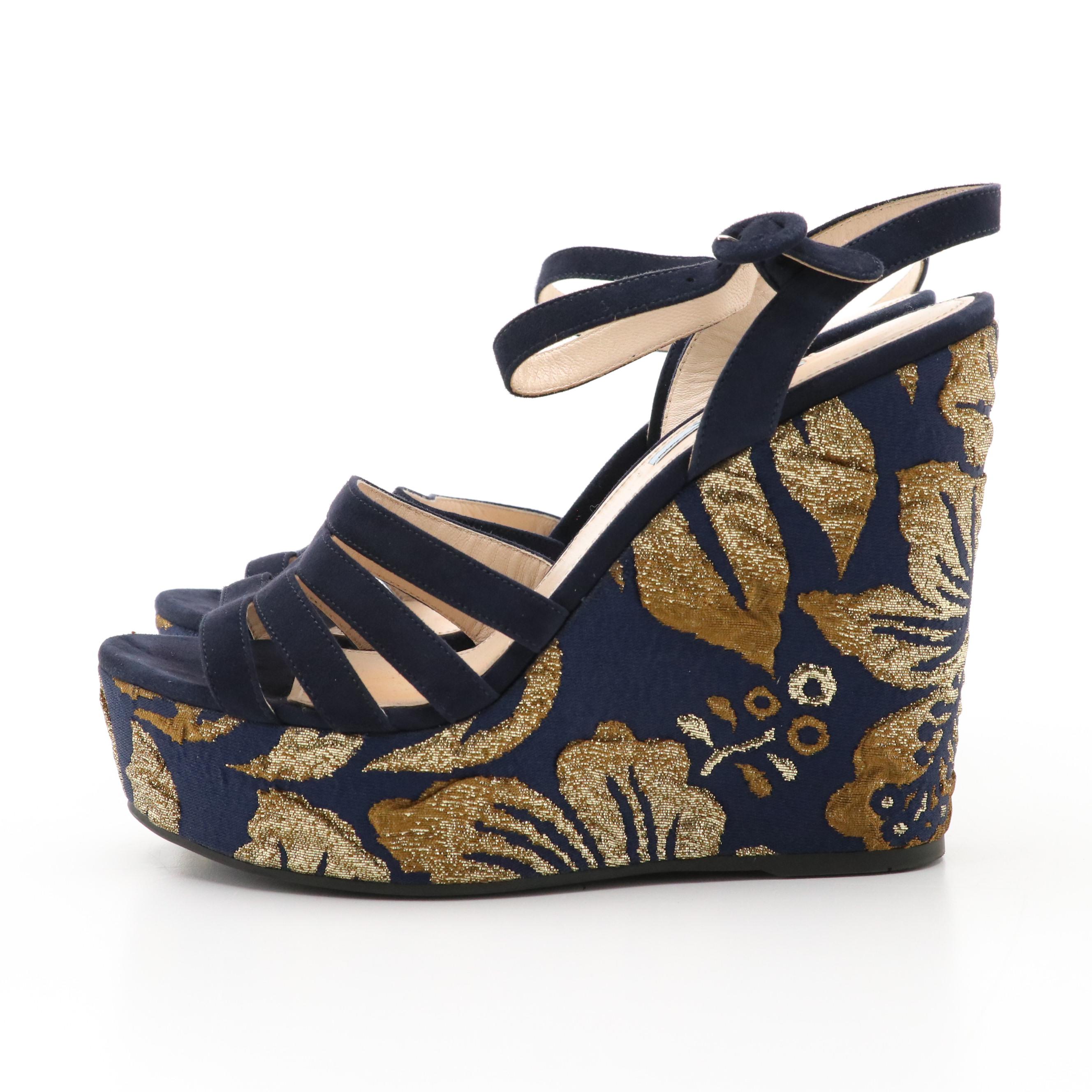 Prada Suede and Metallic Jacquard Platform Wedge Sandals in Navy and Gold