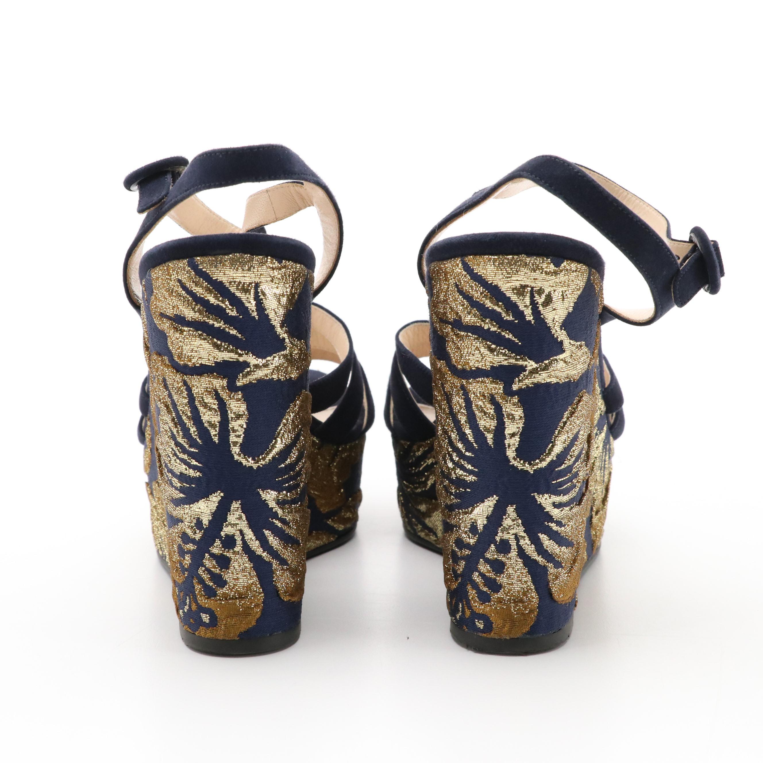 Prada Suede and Metallic Jacquard Platform Wedge Sandals in Navy and Gold