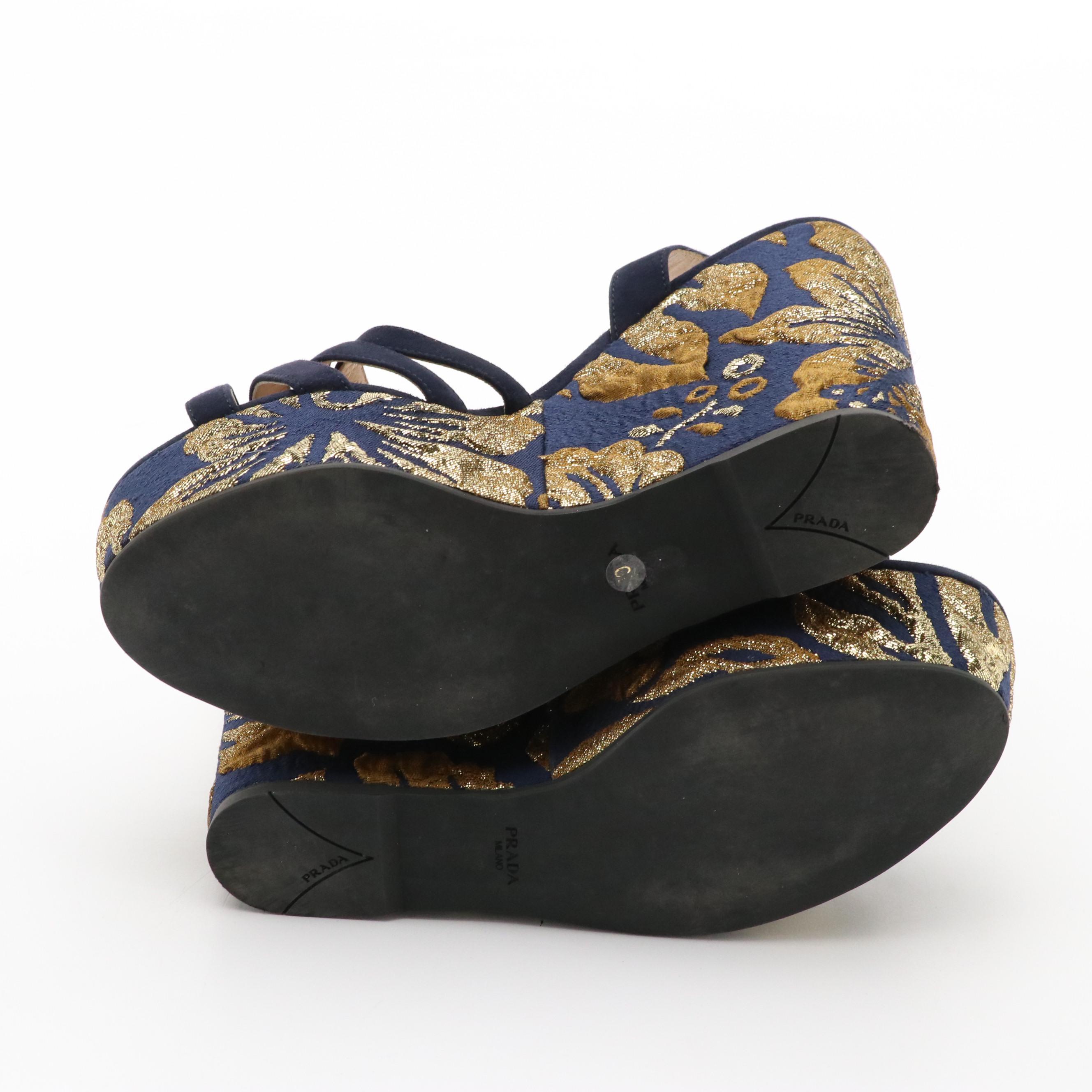 Prada Suede and Metallic Jacquard Platform Wedge Sandals in Navy and Gold