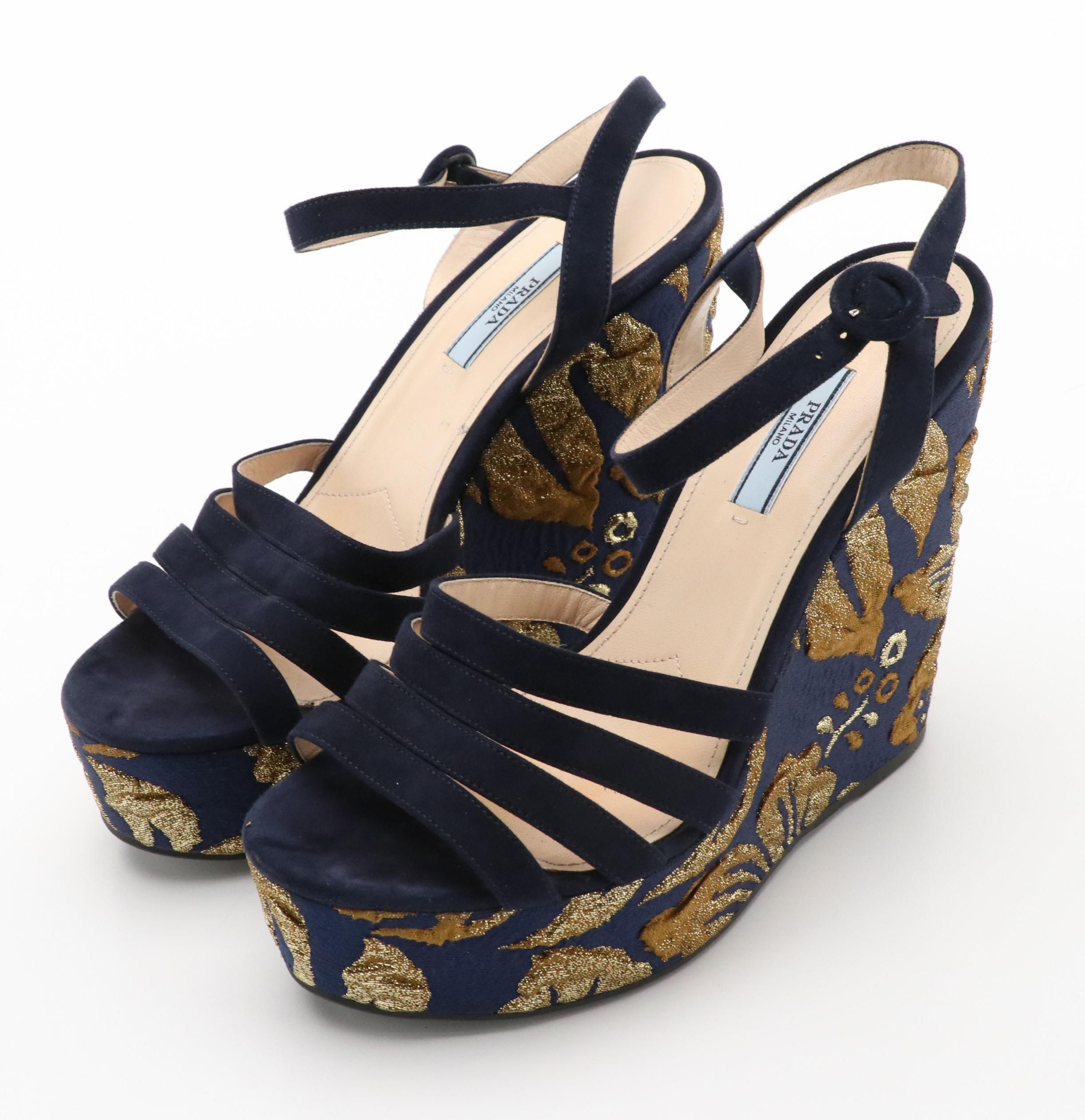 Prada Suede and Metallic Jacquard Platform Wedge Sandals in Navy and Gold