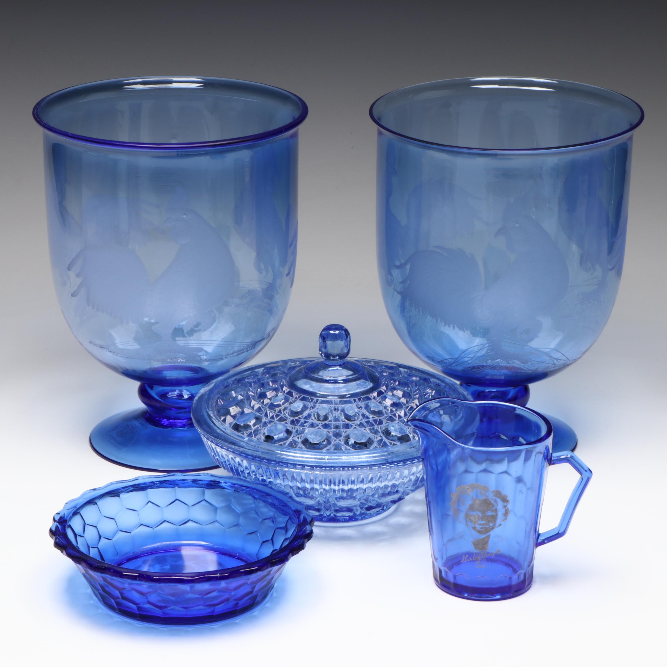 Source Perrier Etched Glass Hurricane Vases with Shirley Temple and Other Décor