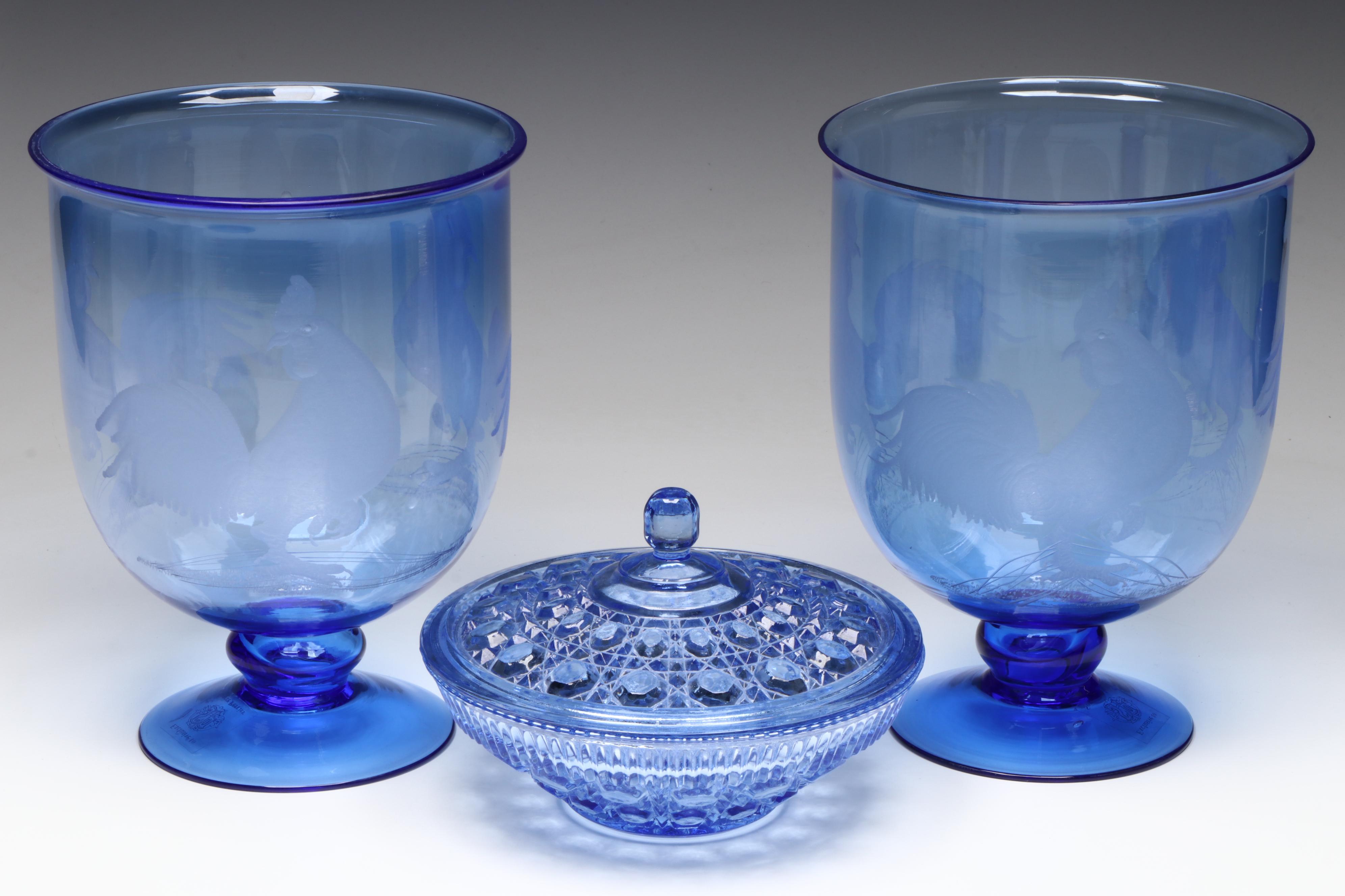 Source Perrier Etched Glass Hurricane Vases with Shirley Temple and Other Décor