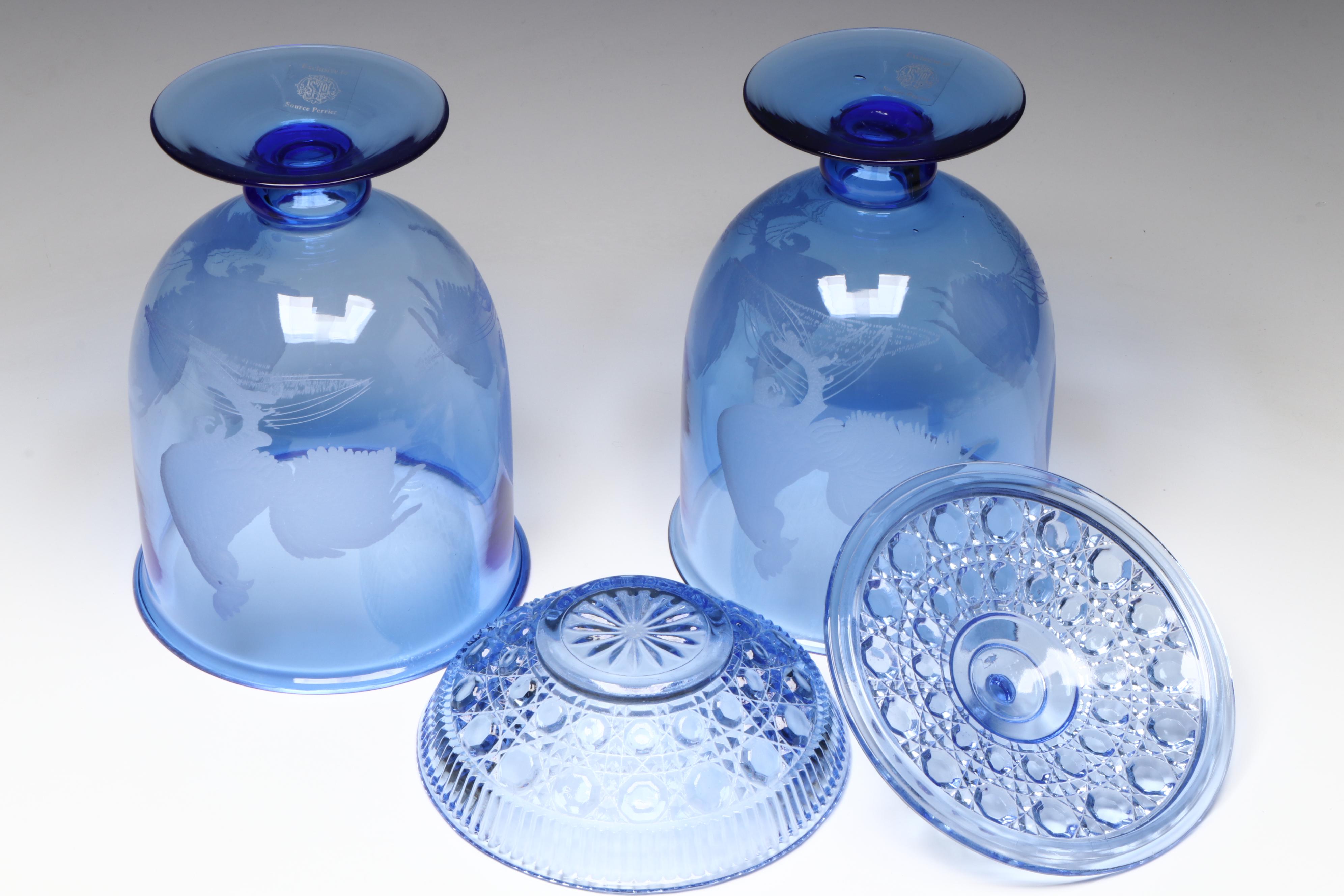 Source Perrier Etched Glass Hurricane Vases with Shirley Temple and Other Décor