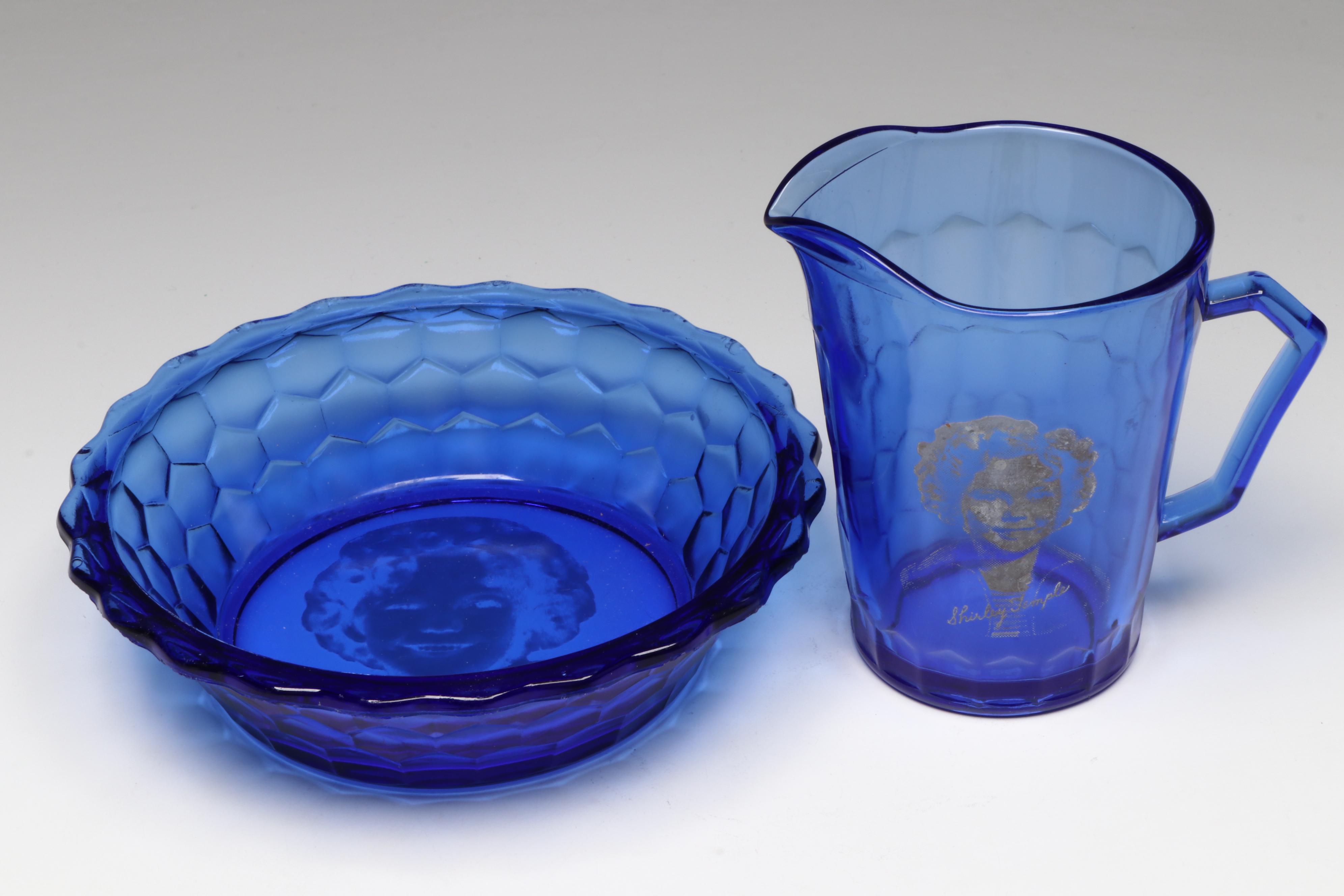 Source Perrier Etched Glass Hurricane Vases with Shirley Temple and Other Décor