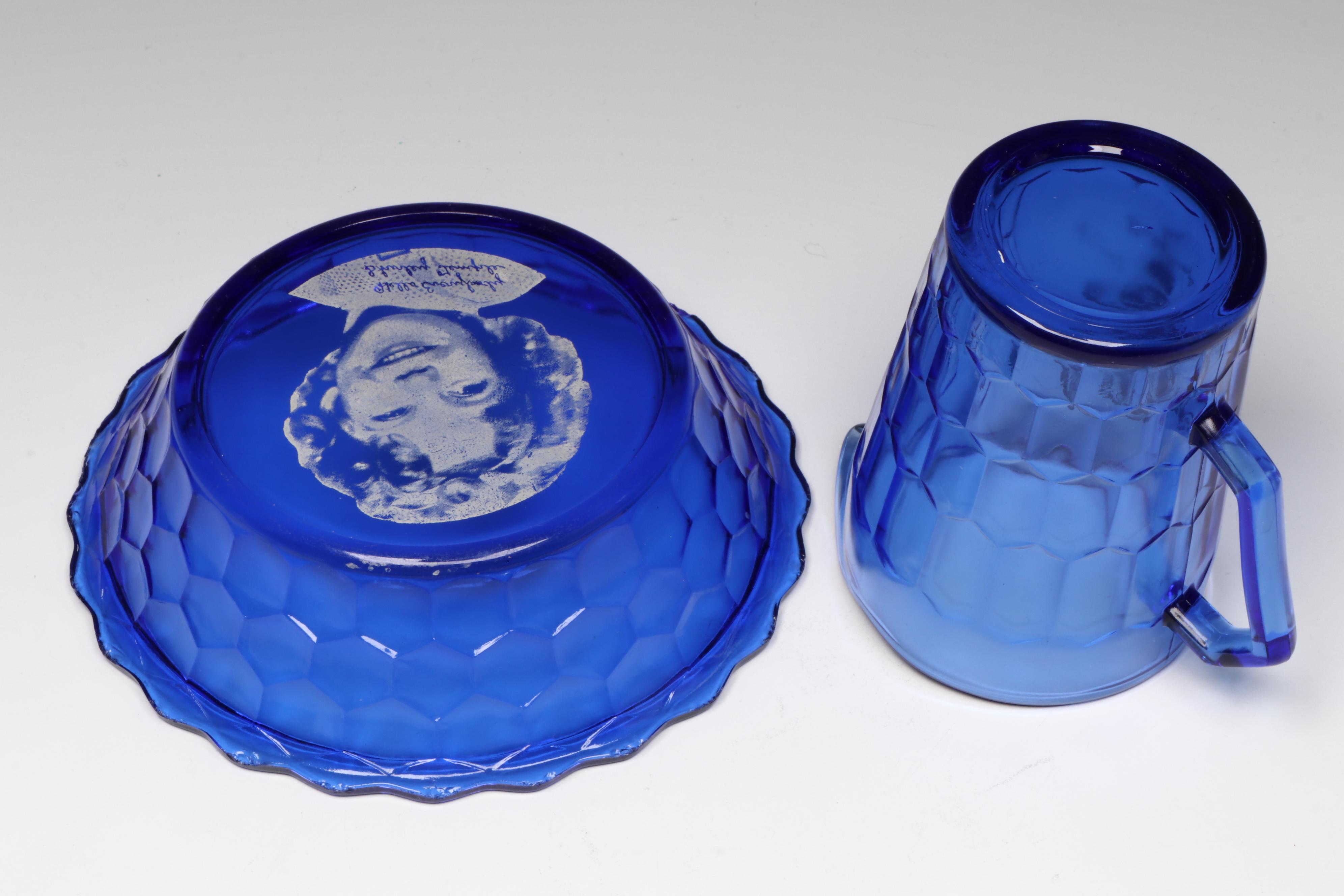 Source Perrier Etched Glass Hurricane Vases with Shirley Temple and Other Décor