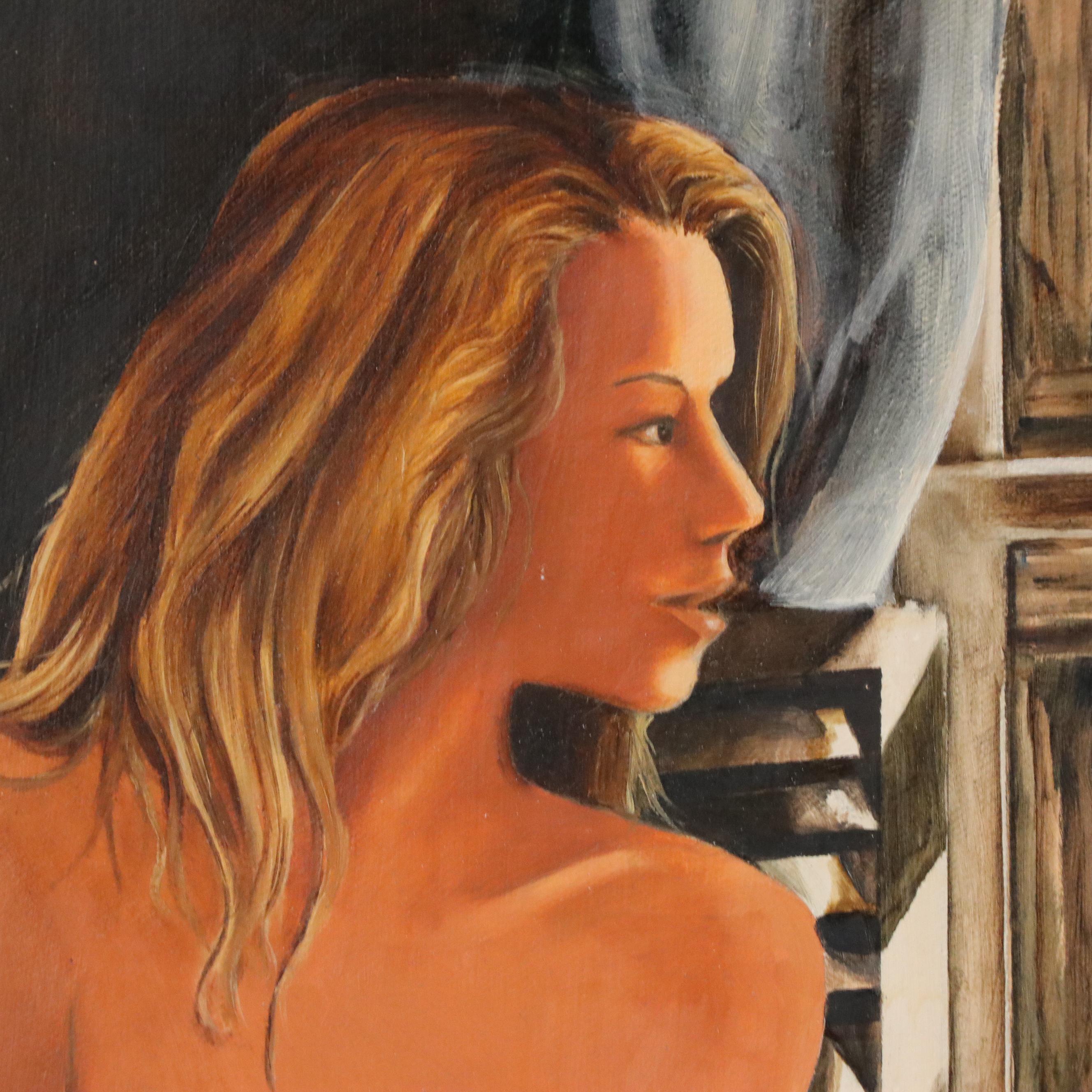 Oil Figure Painting of Female Nude at Window, 1984