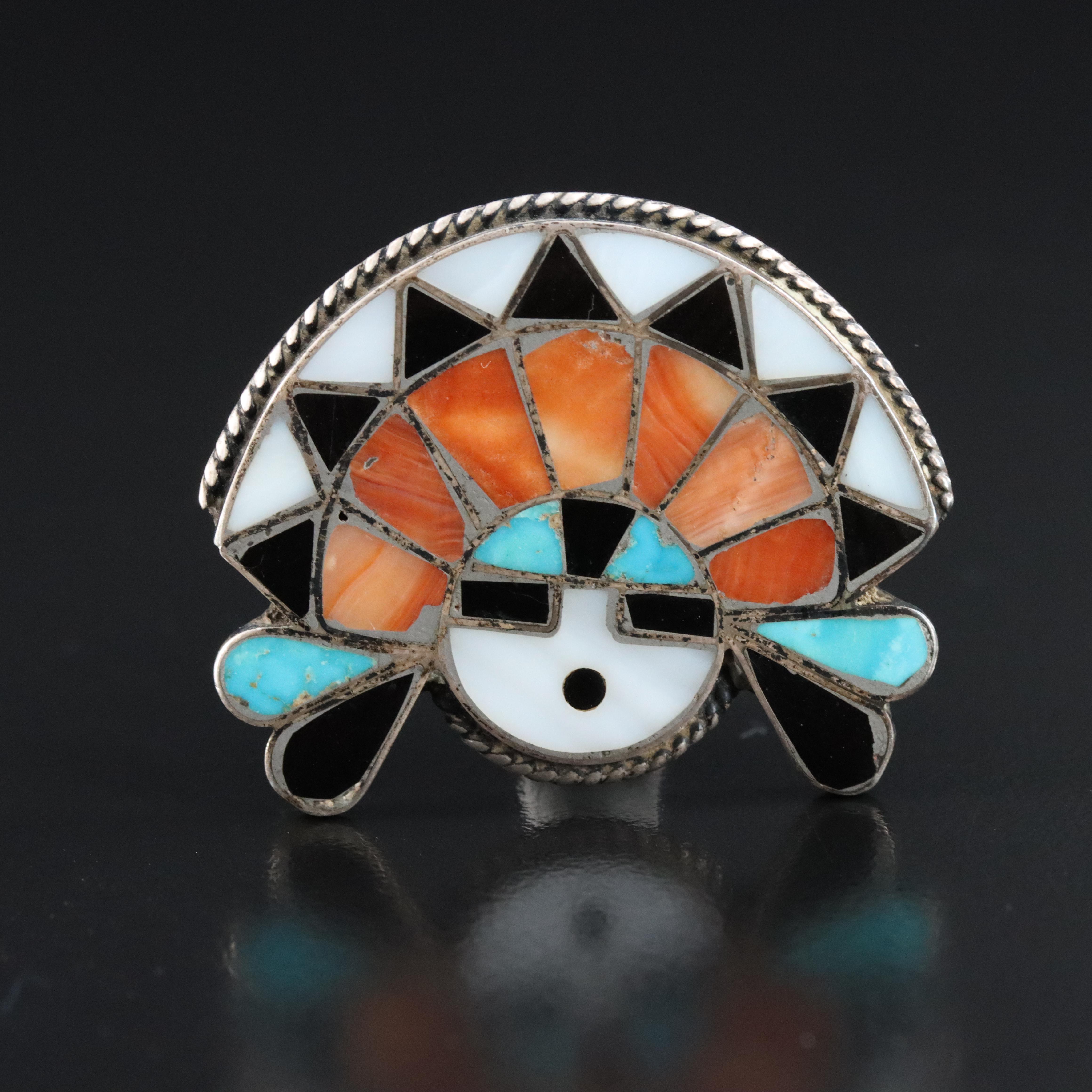 Sterling Coral, Mother-of-Pearl and Turquoise Zuni Sun Face Bolo Slide
