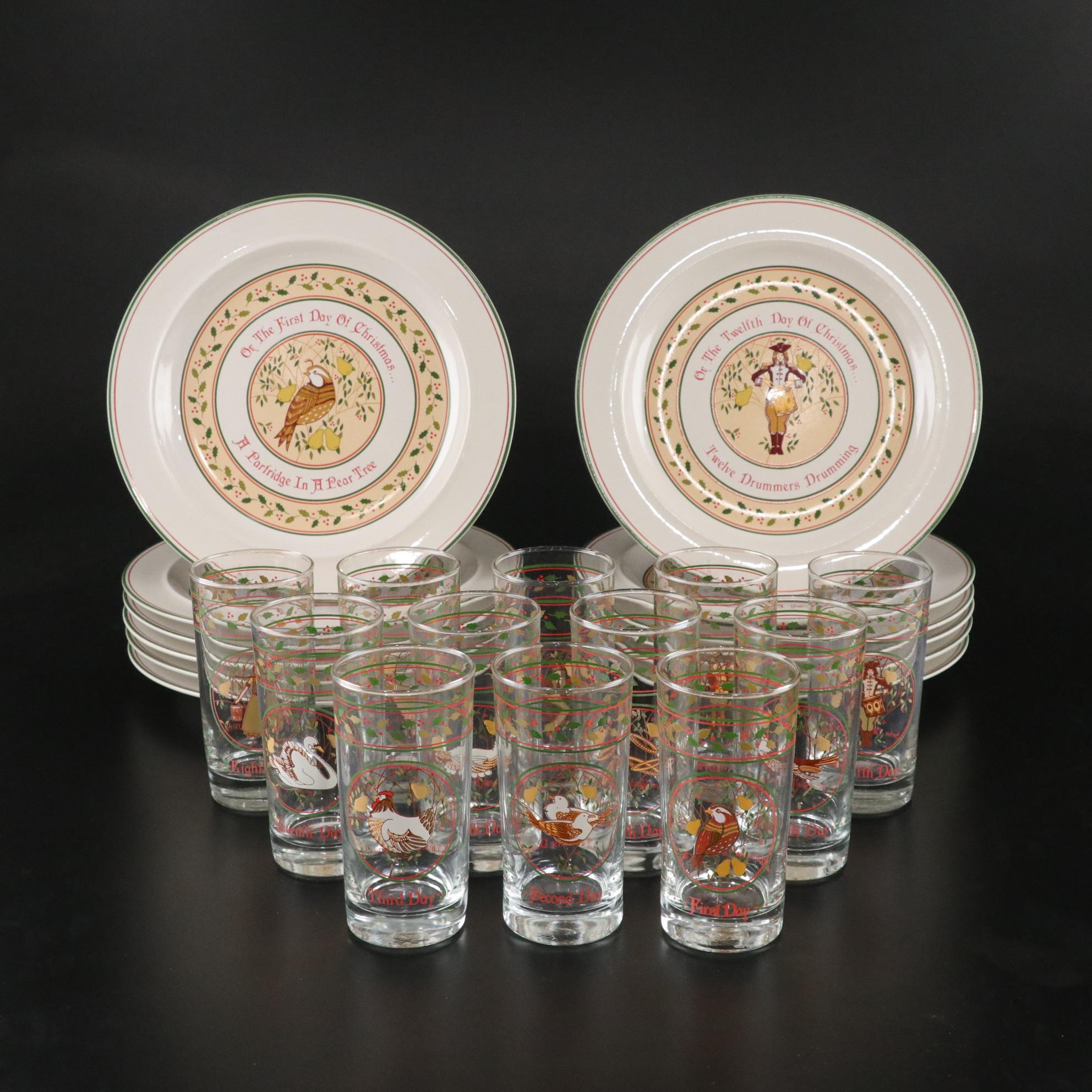 Anchor Hocking "12 Days of Christmas" Stoneware Plates & Glass Tumblers Set