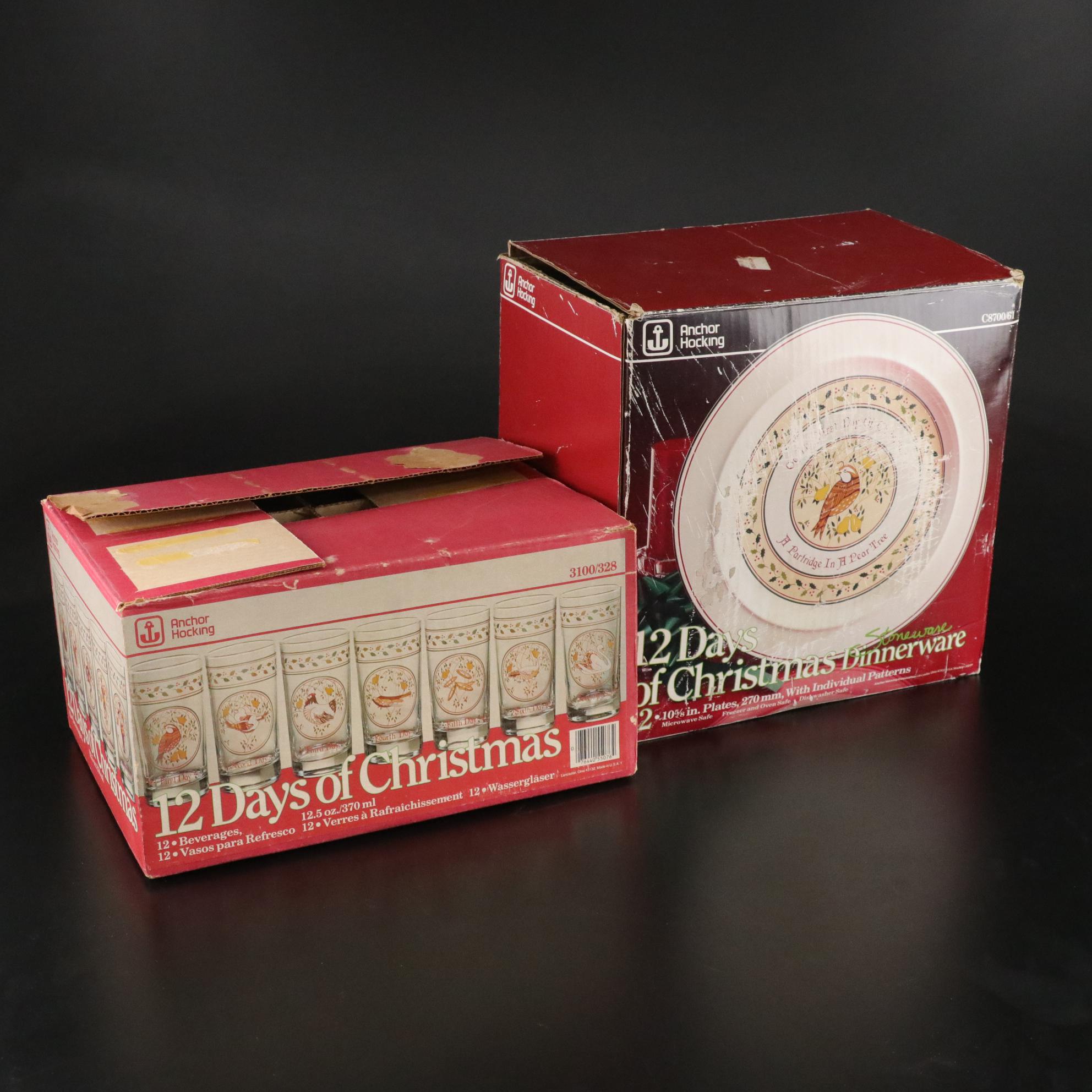Anchor Hocking "12 Days of Christmas" Stoneware Plates & Glass Tumblers Set