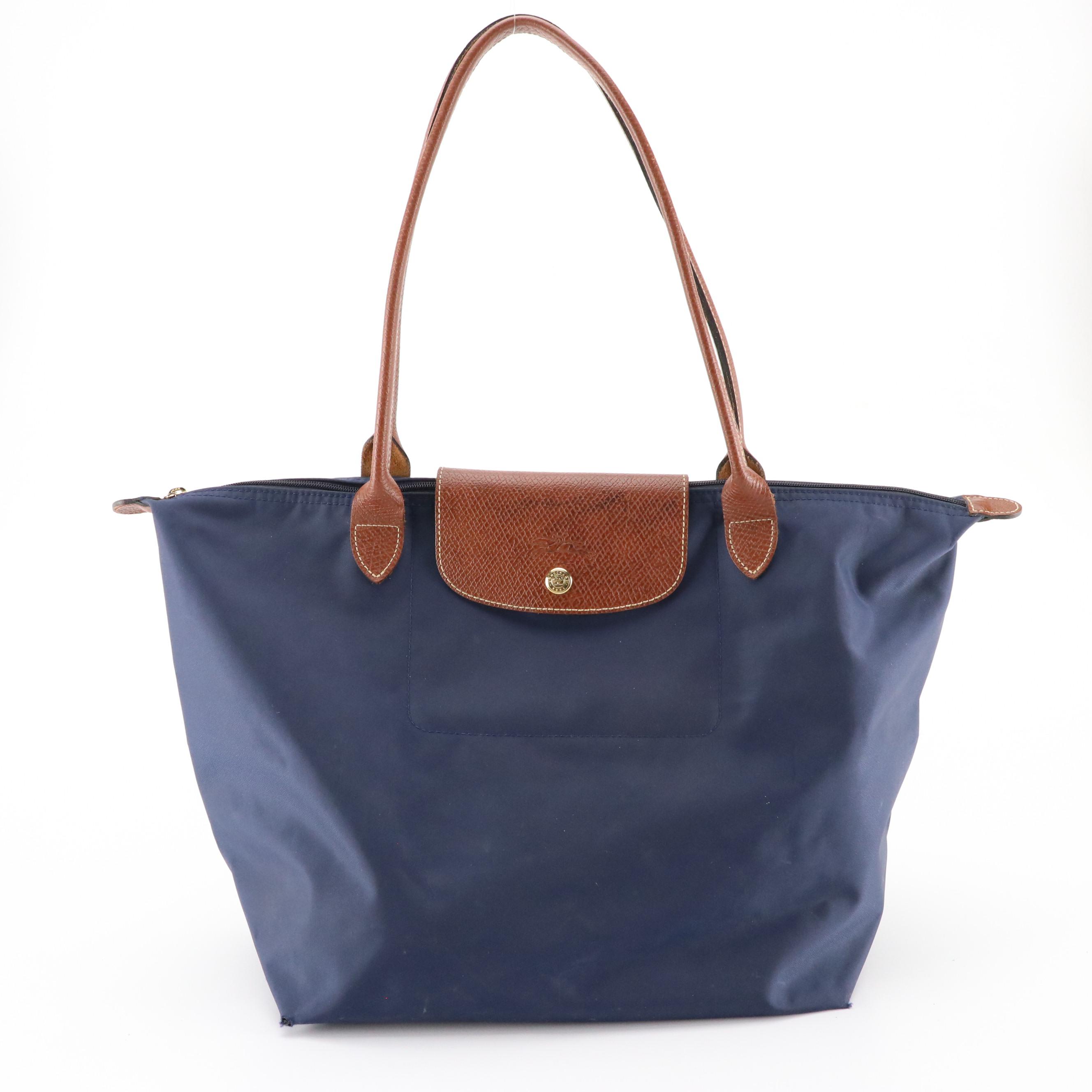 Longchamp Le Pliage Original Medium and Large Totes in Navy & Purple w/ Leather