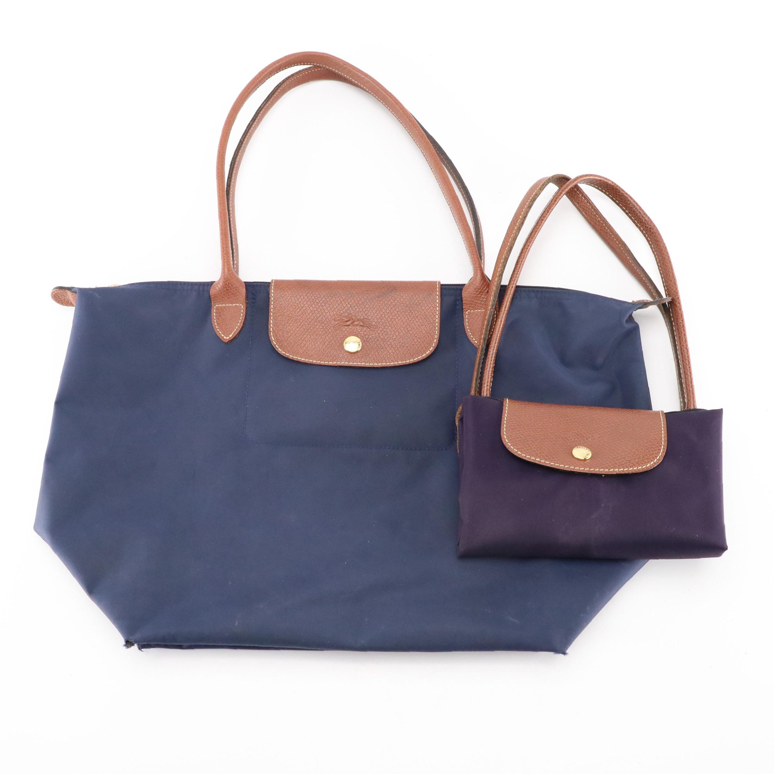 Longchamp Le Pliage Original Medium and Large Totes in Navy & Purple w/ Leather