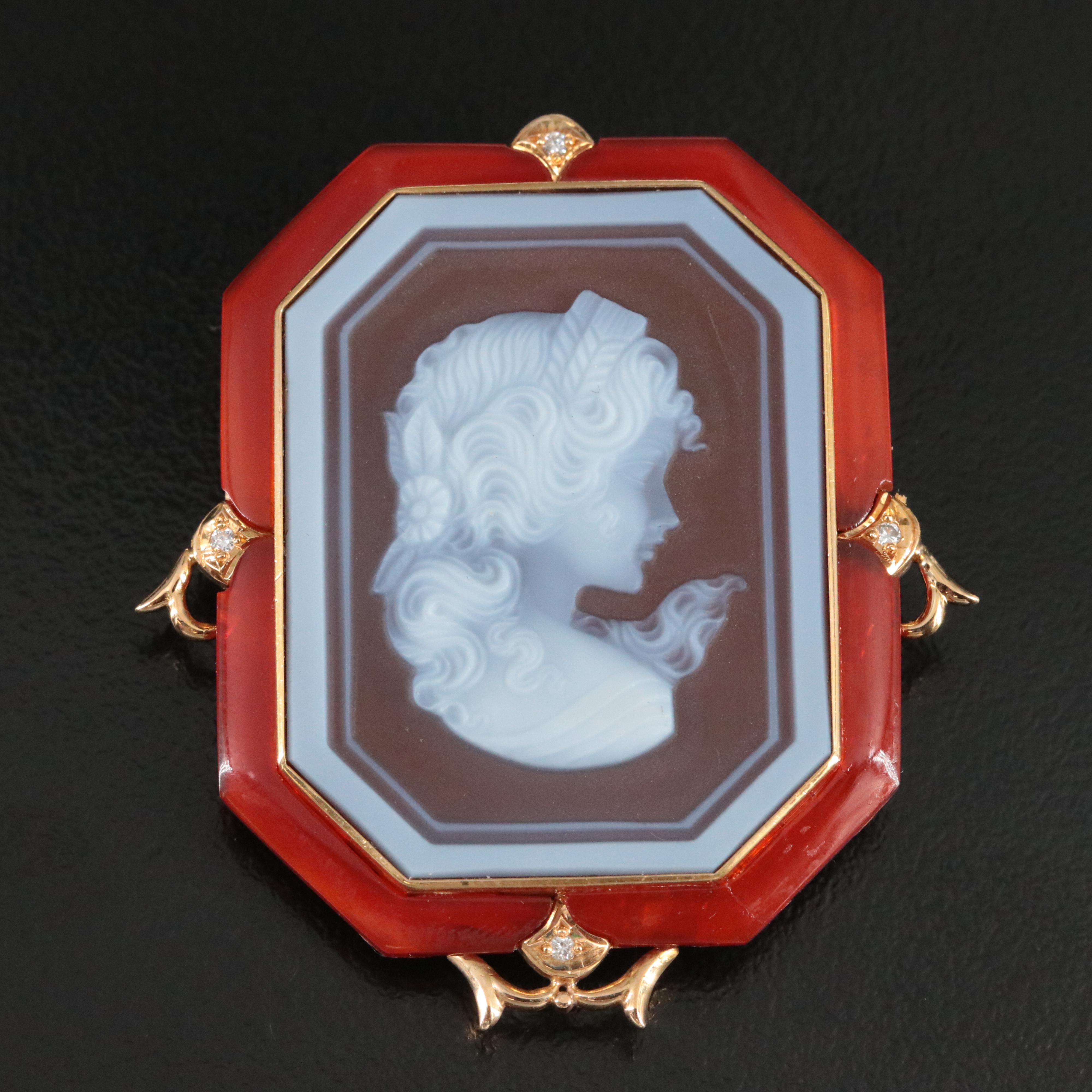 Signed 18K Diamond Cameo Converter Brooch