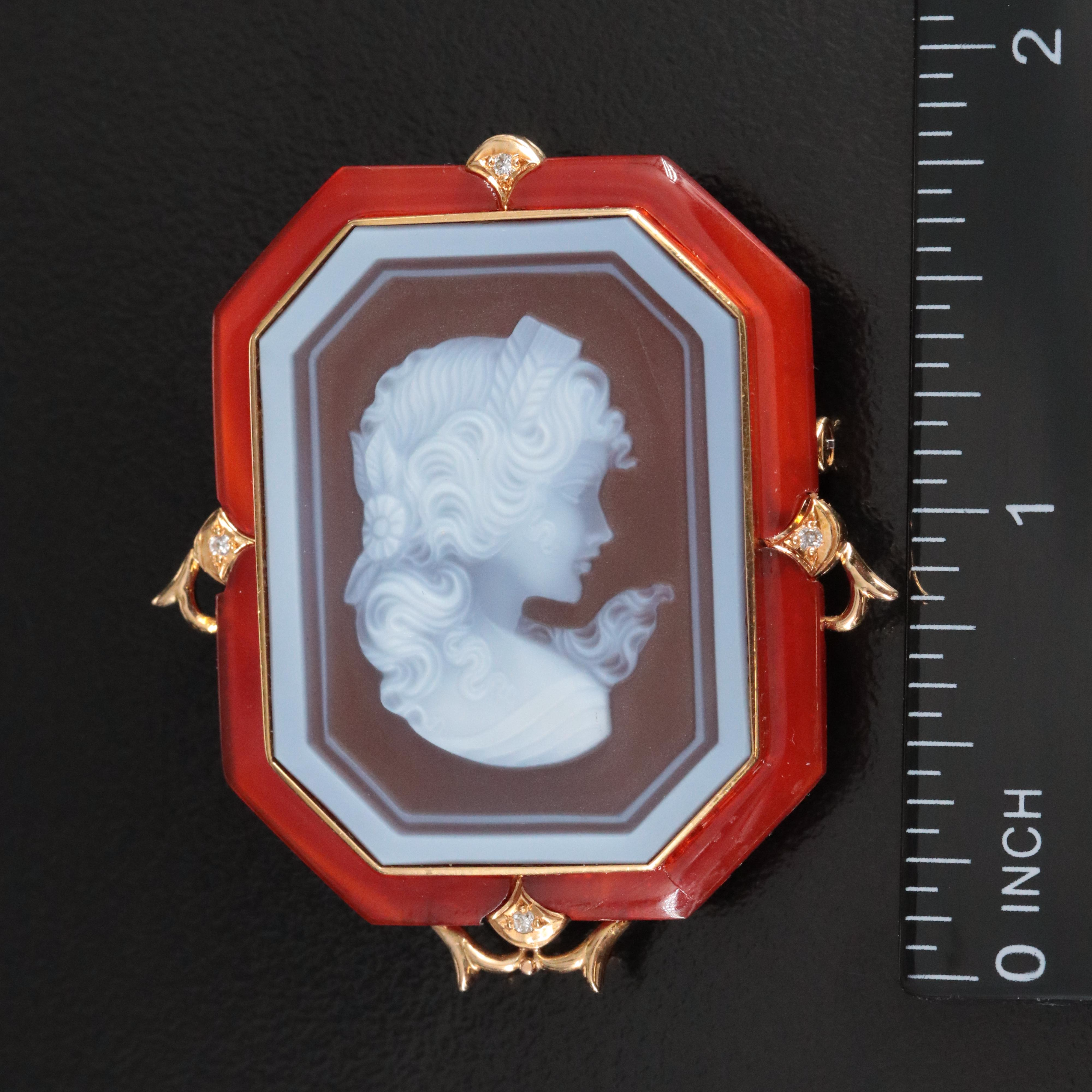 Signed 18K Diamond Cameo Converter Brooch