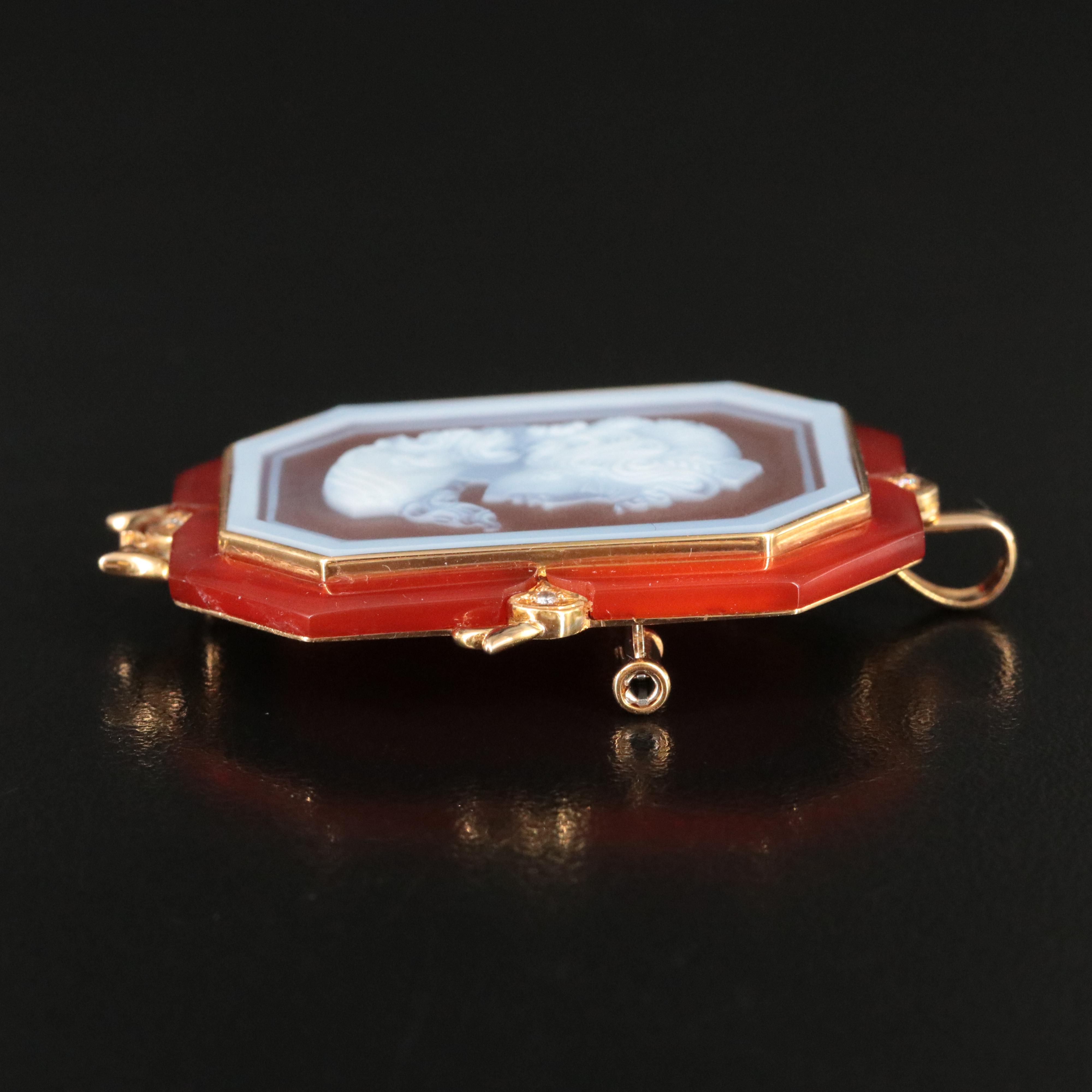 Signed 18K Diamond Cameo Converter Brooch