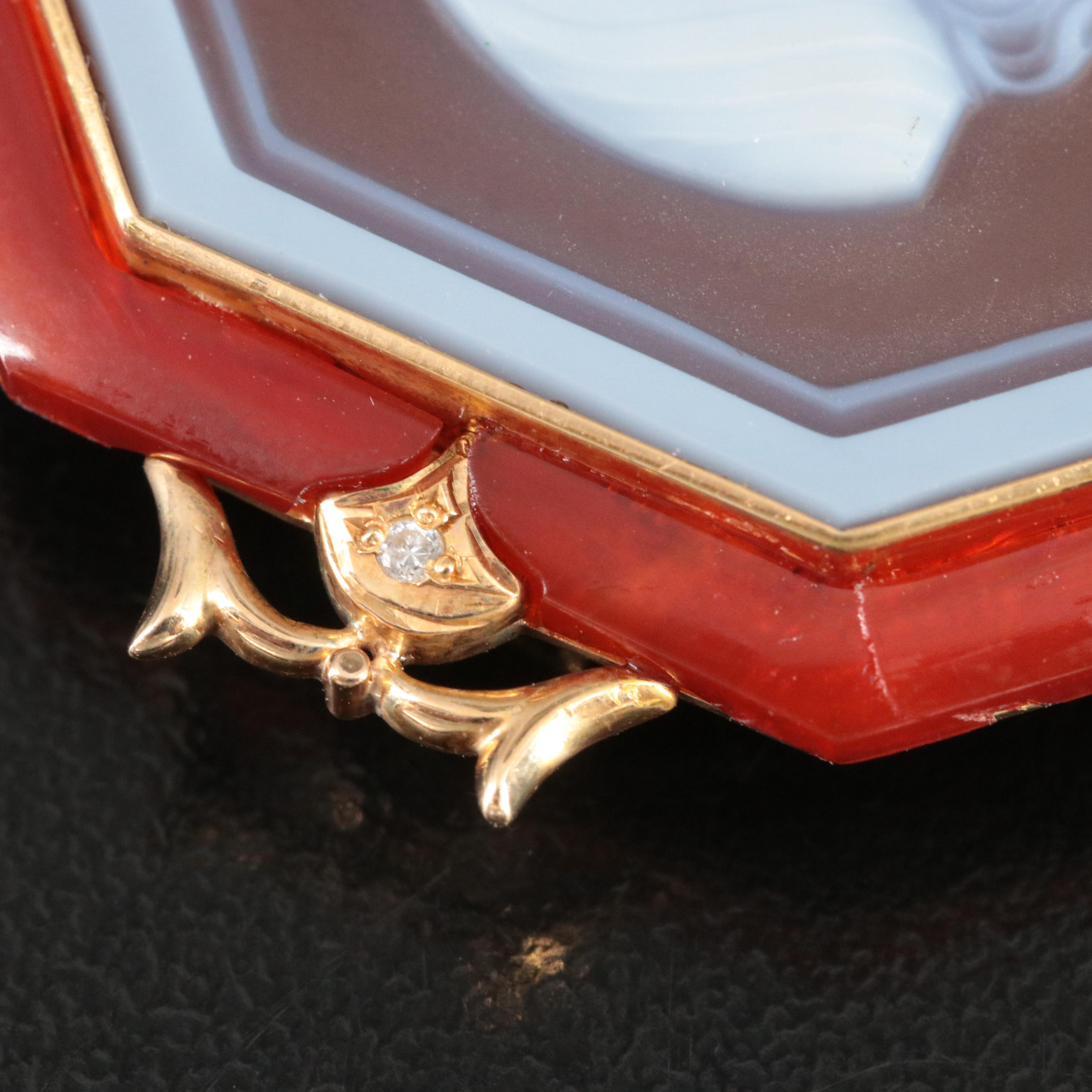 Signed 18K Diamond Cameo Converter Brooch