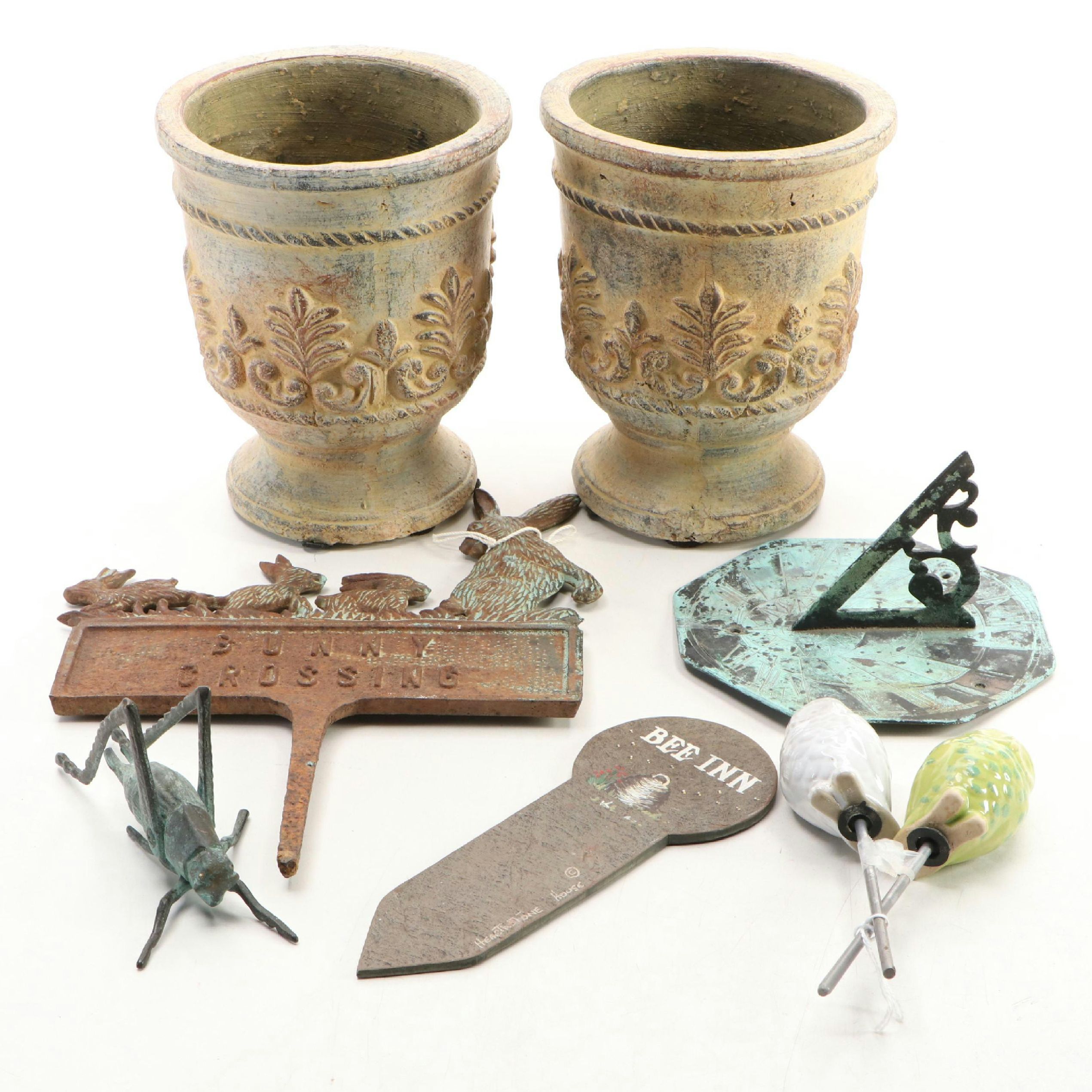 Metal Bunny and Bee Garden Signs, Ceramic Footed Planters and More Garden Décor