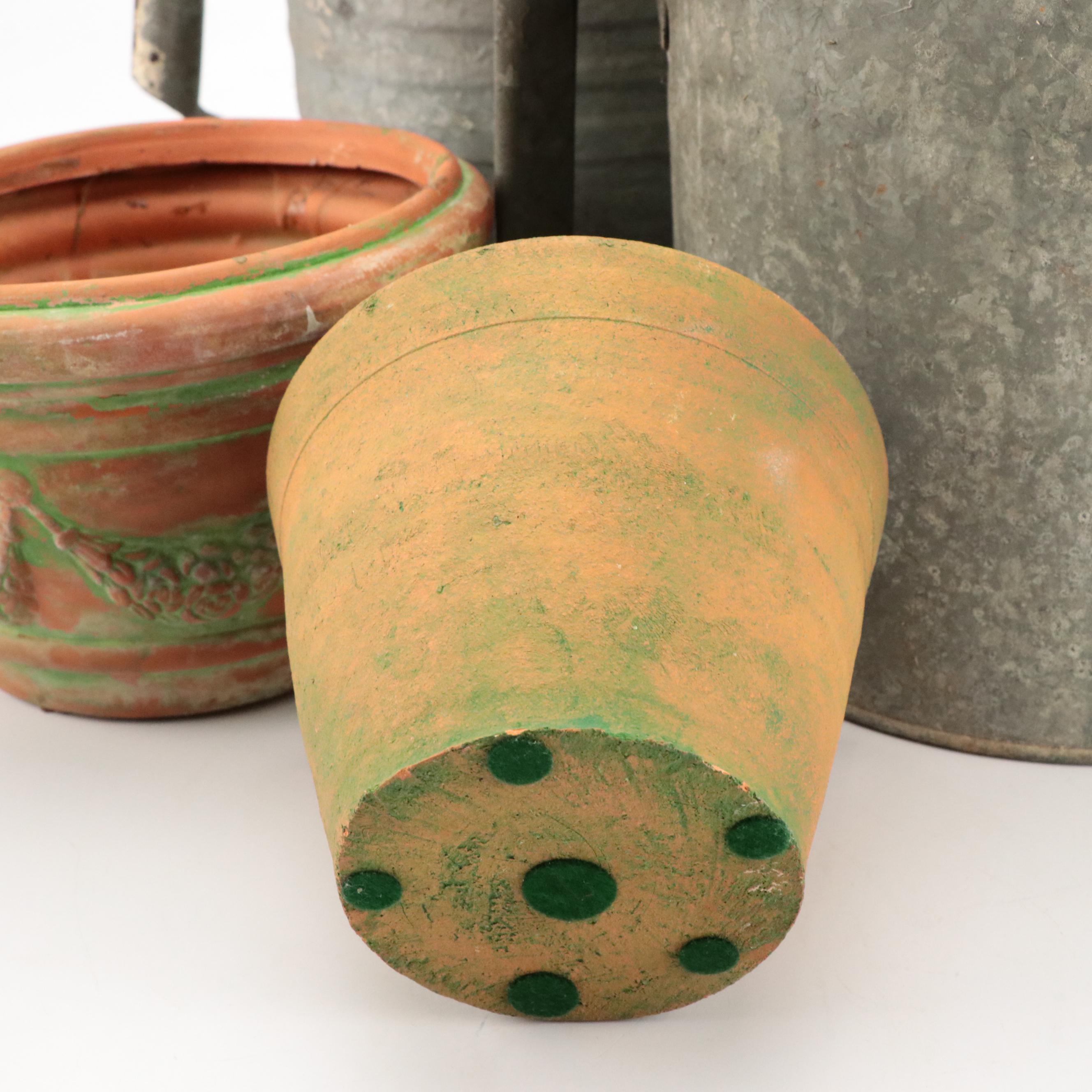 Metal Watering Can with Embosse Terracotta Planter and More