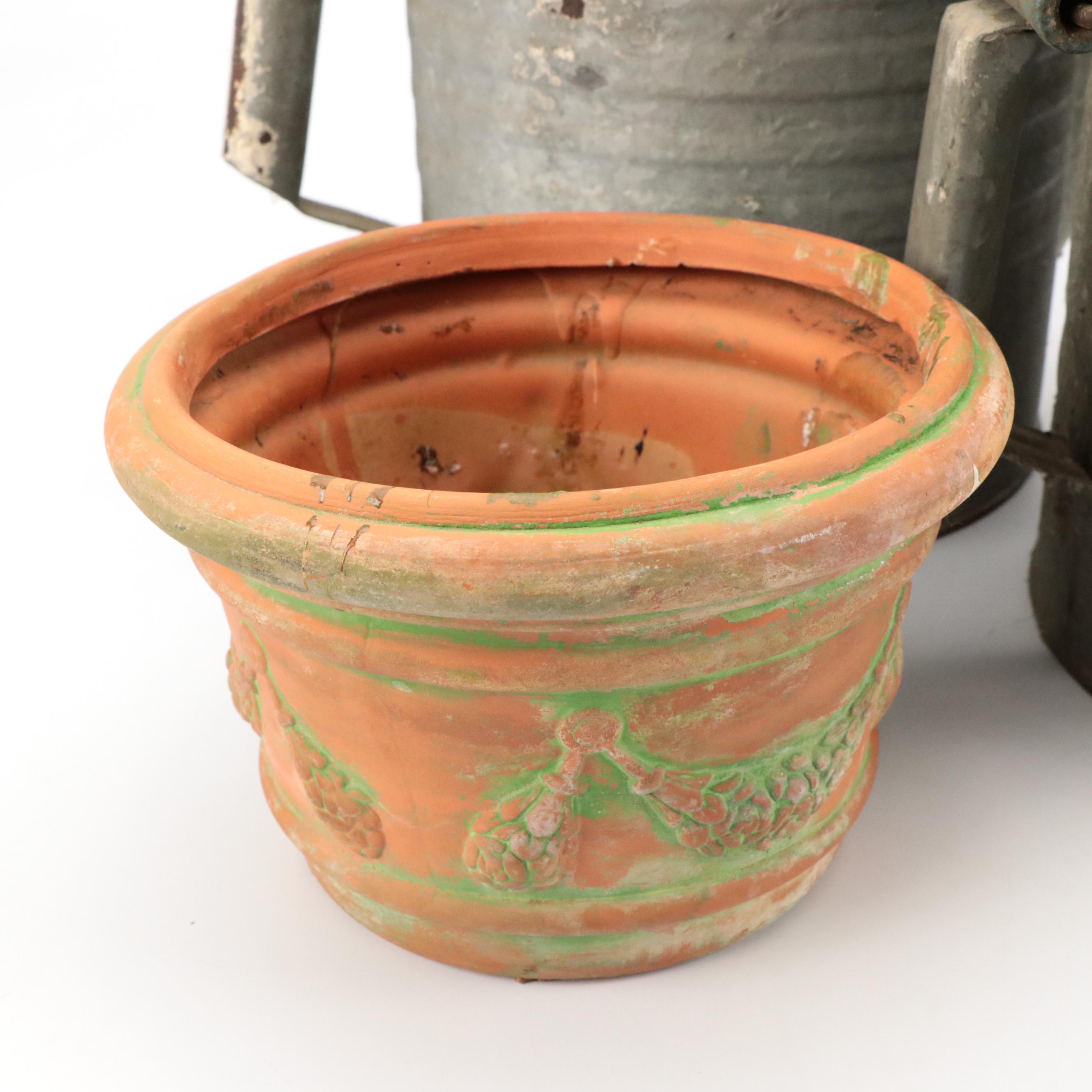 Metal Watering Can with Embosse Terracotta Planter and More