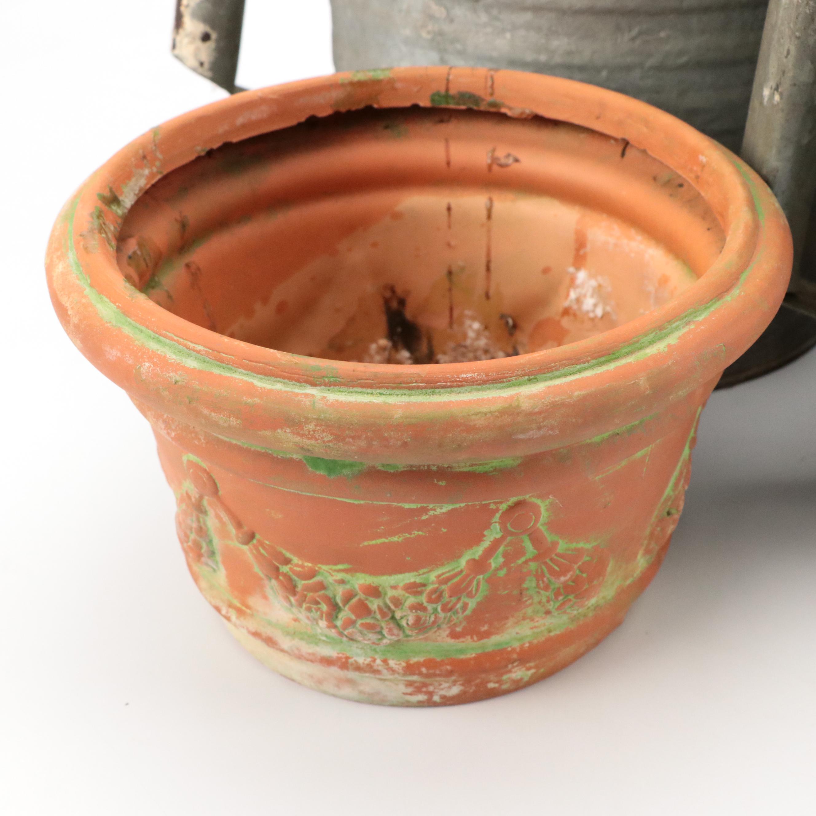 Metal Watering Can with Embosse Terracotta Planter and More