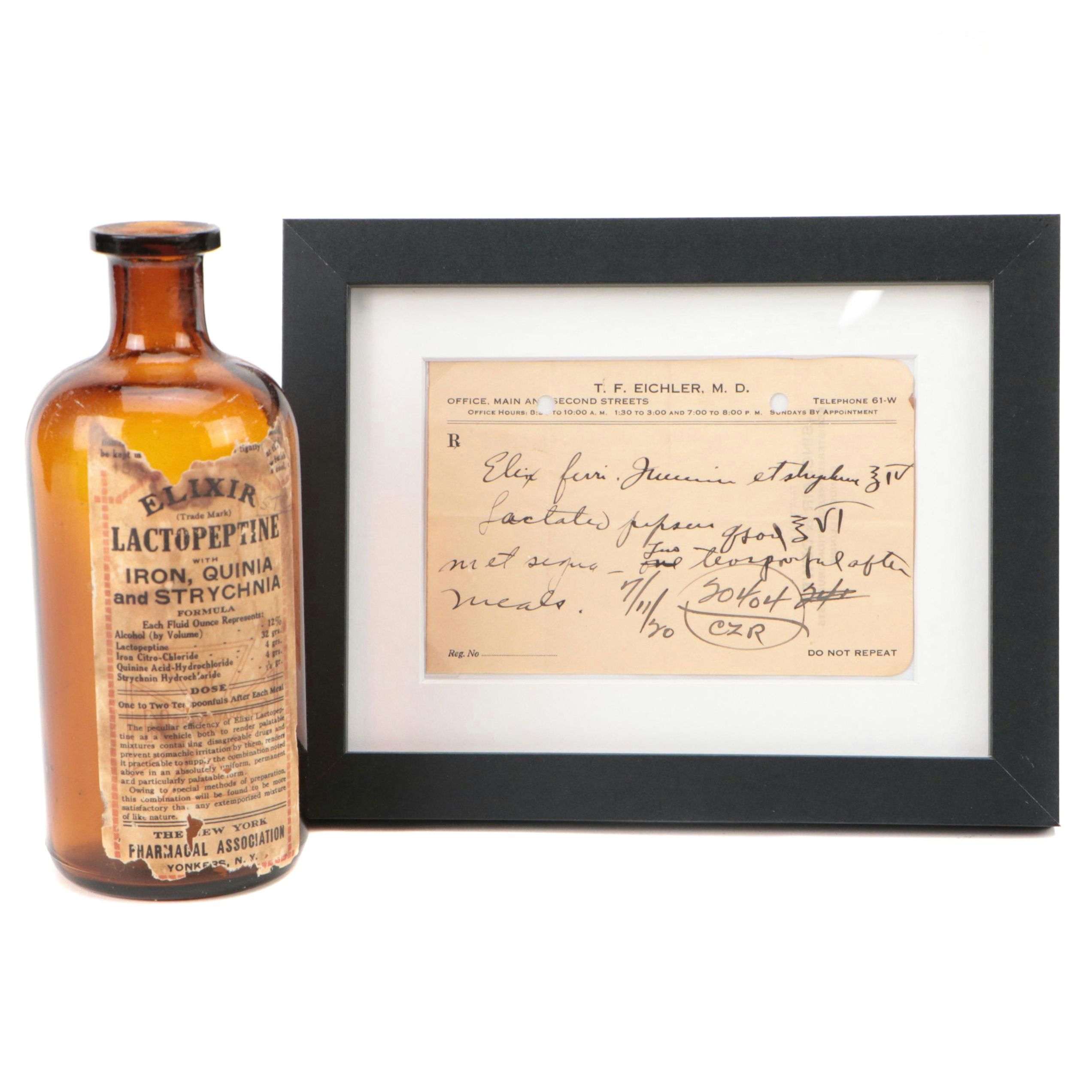 Prescription Form and Medicine Bottle for Lactopeptine, 1920
