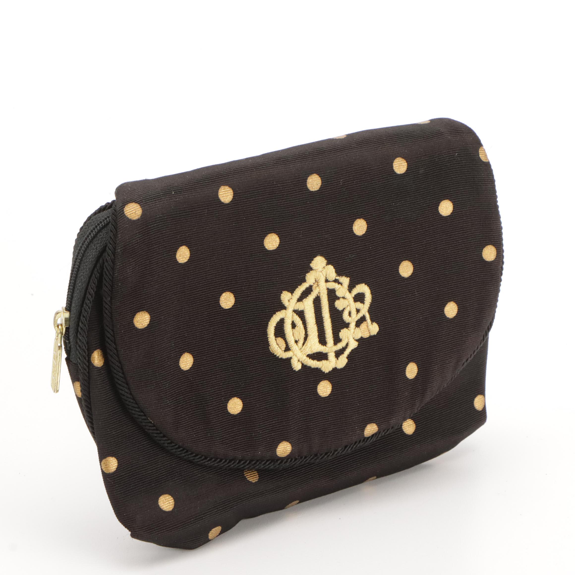 Christian Dior Vintage Black & Gold Polka Dot Nylon Cosmetic Pouch