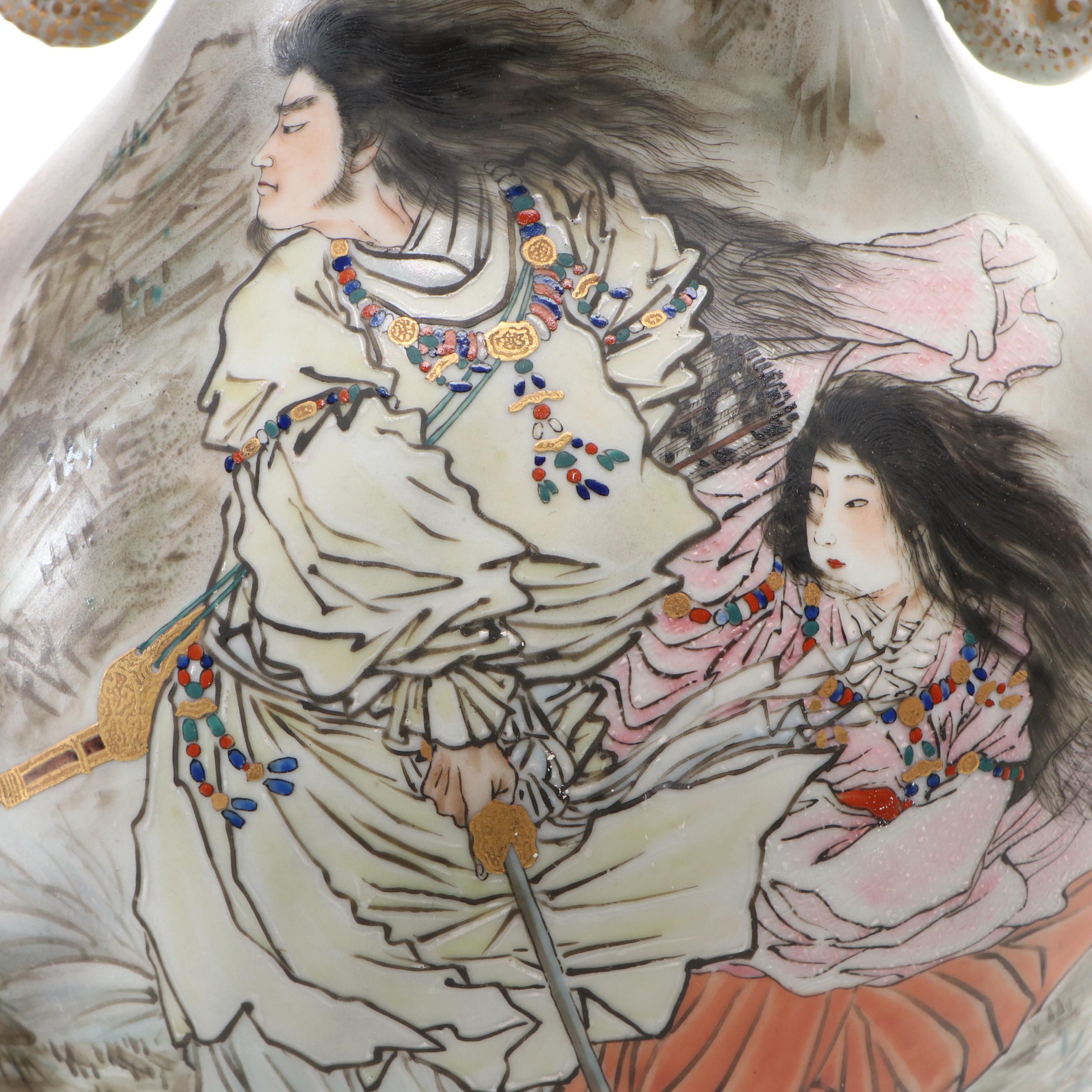 Japanese Satsuma Porcelain Vase Lamps with Scenes From Folk Tales