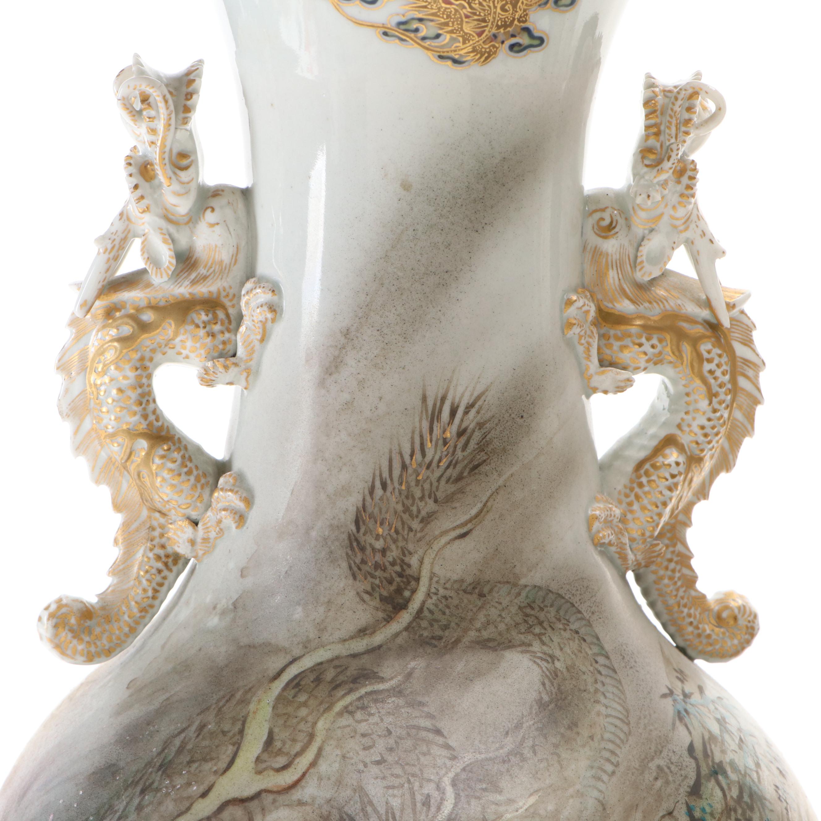 Japanese Satsuma Porcelain Vase Lamps with Scenes From Folk Tales