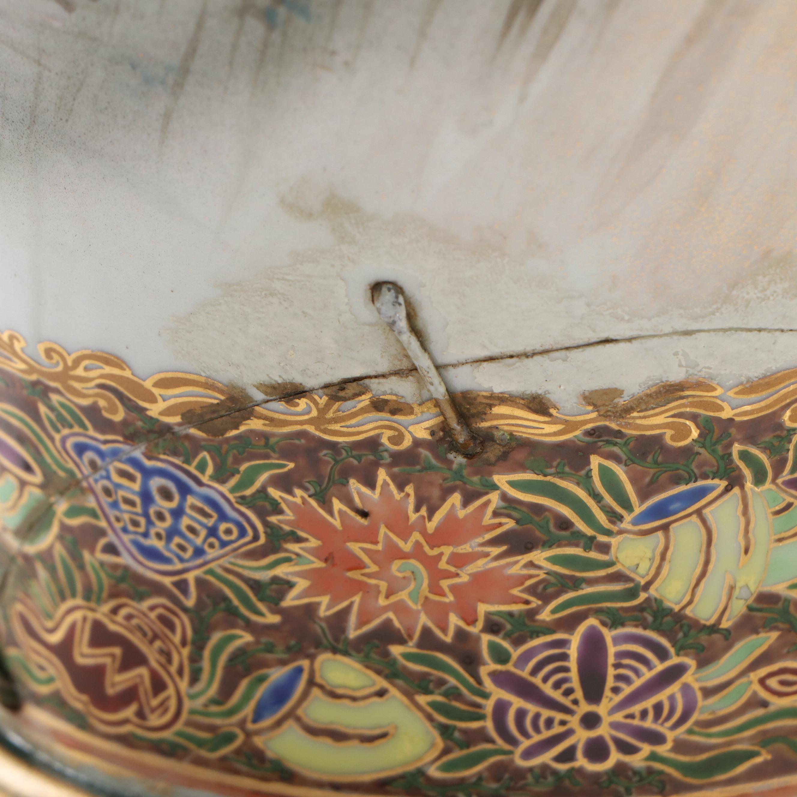 Japanese Satsuma Porcelain Vase Lamps with Scenes From Folk Tales