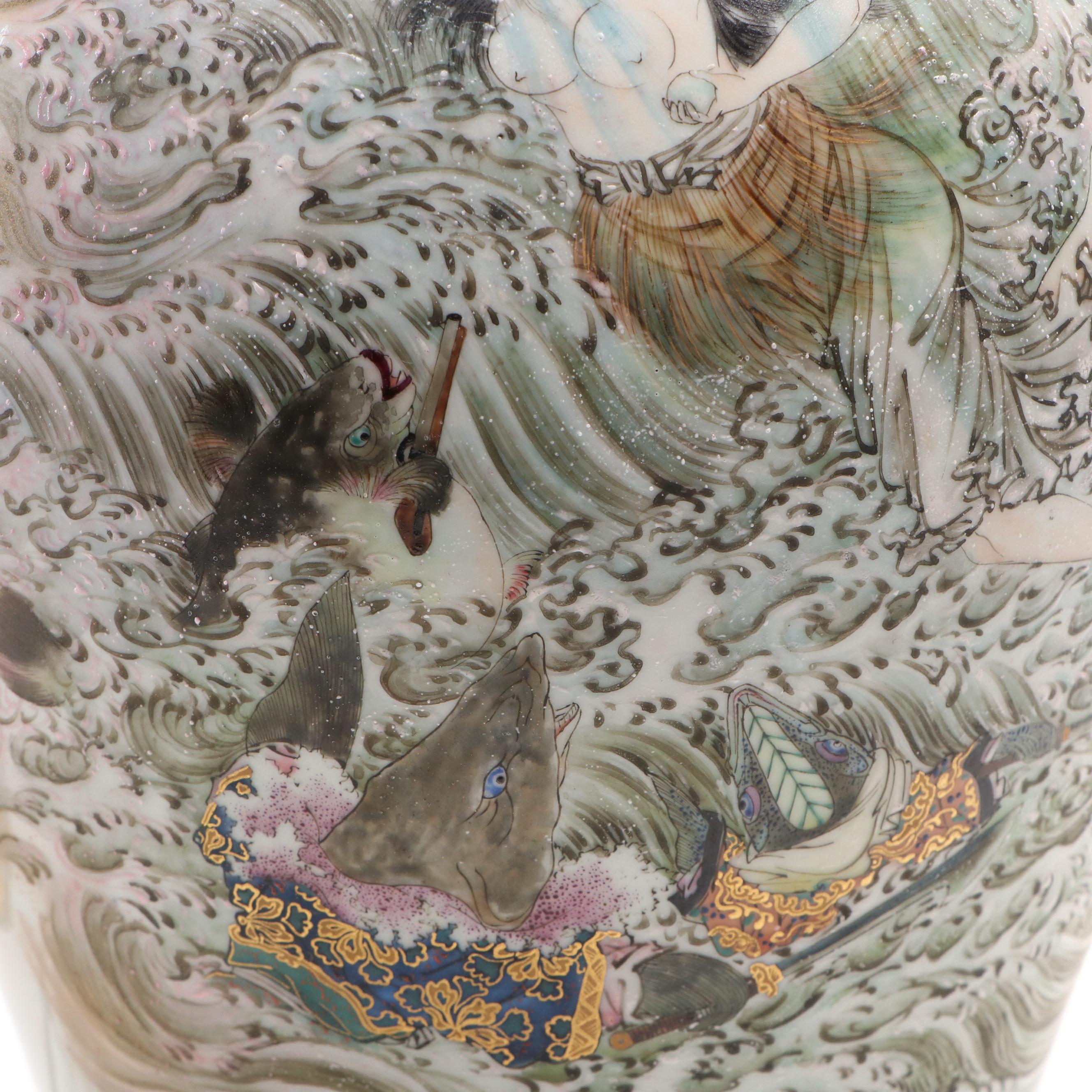 Japanese Satsuma Porcelain Vase Lamps with Scenes From Folk Tales