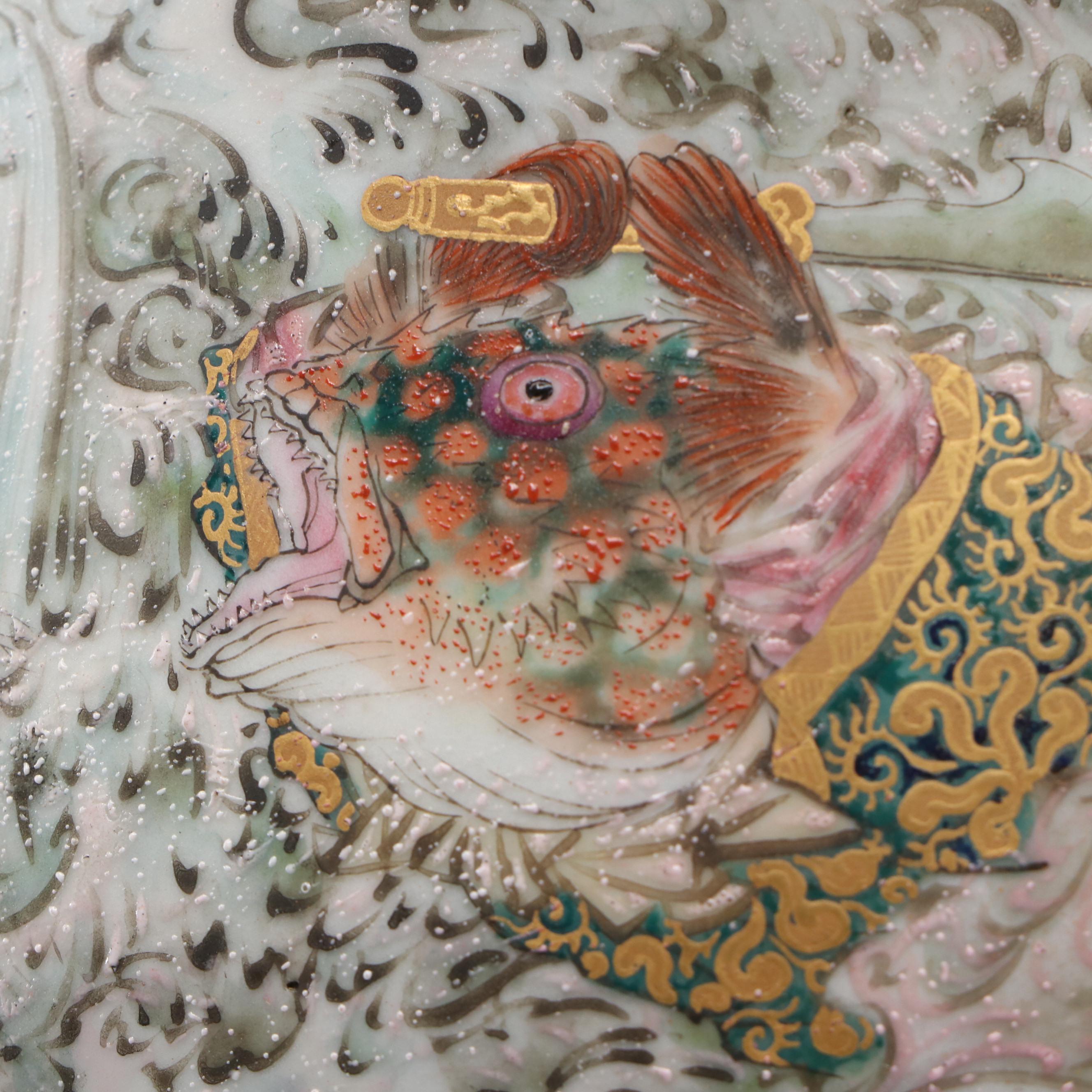 Japanese Satsuma Porcelain Vase Lamps with Scenes From Folk Tales