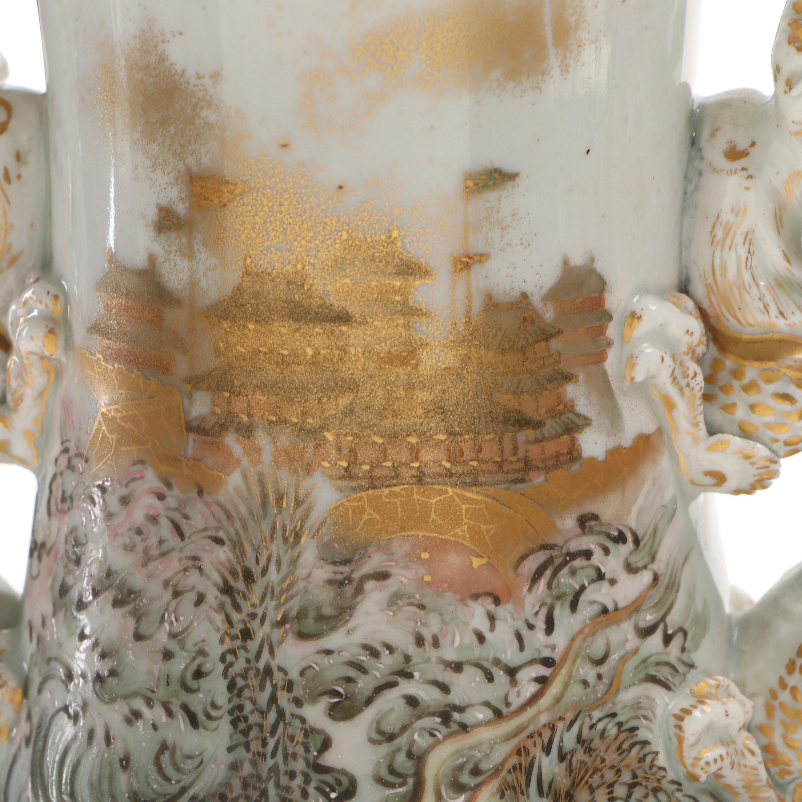 Japanese Satsuma Porcelain Vase Lamps with Scenes From Folk Tales
