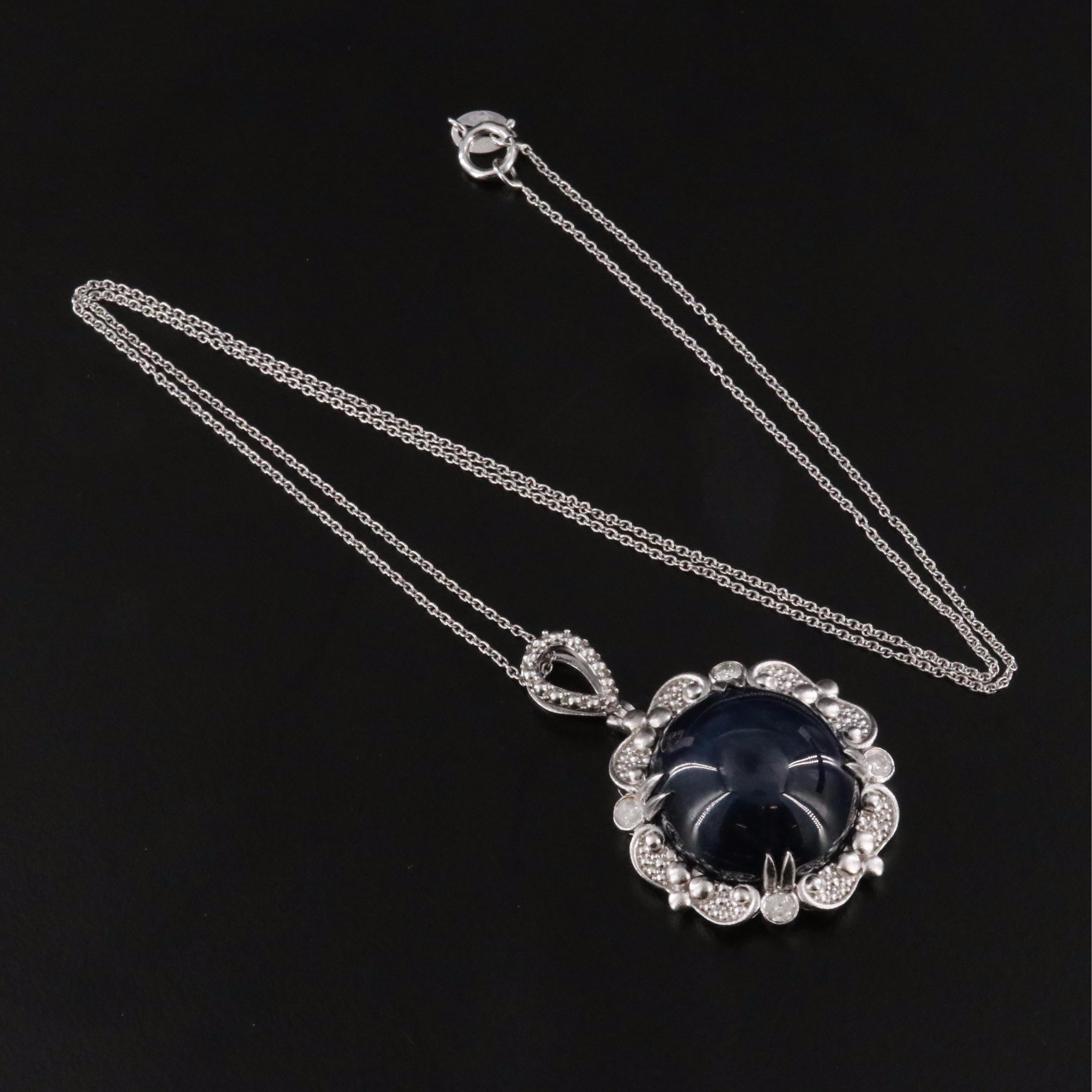 Oscar Friedman Sterling Star Sapphire  and Diamond Pendant Necklace