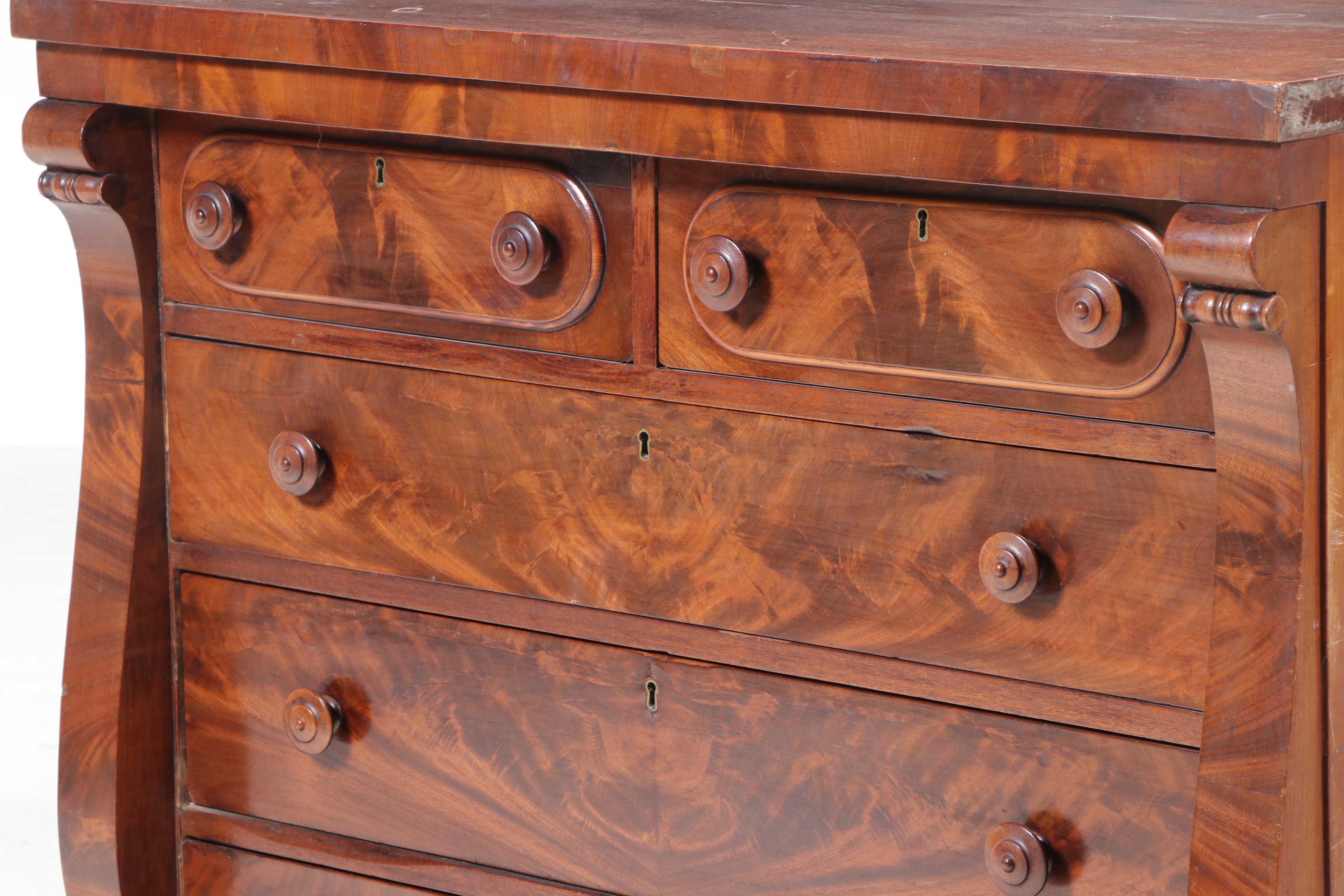 American Empire Flame Mahogany Five-Drawer Chest, Mid-19th Century