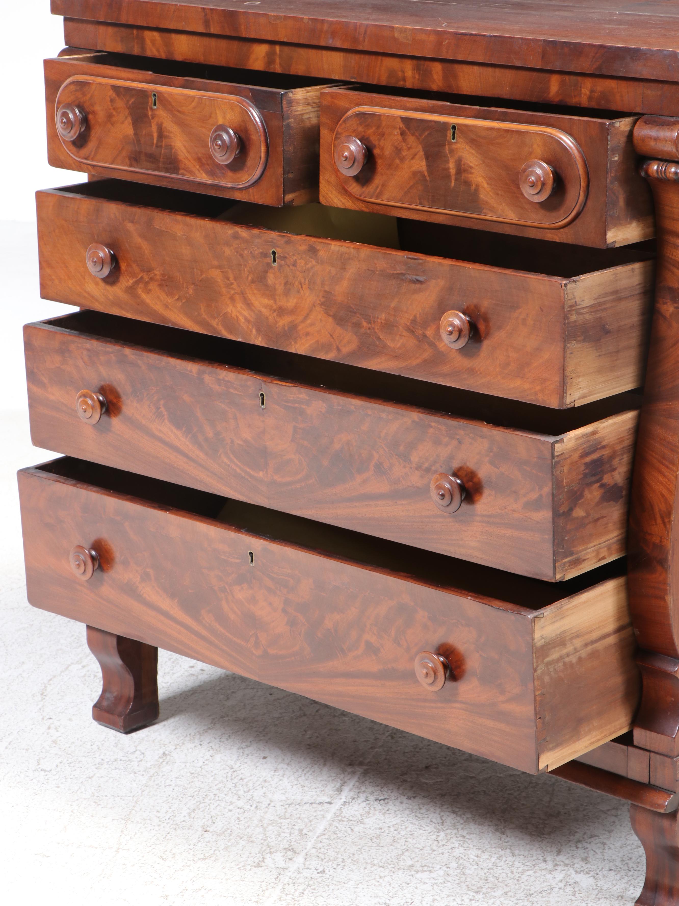 American Empire Flame Mahogany Five-Drawer Chest, Mid-19th Century