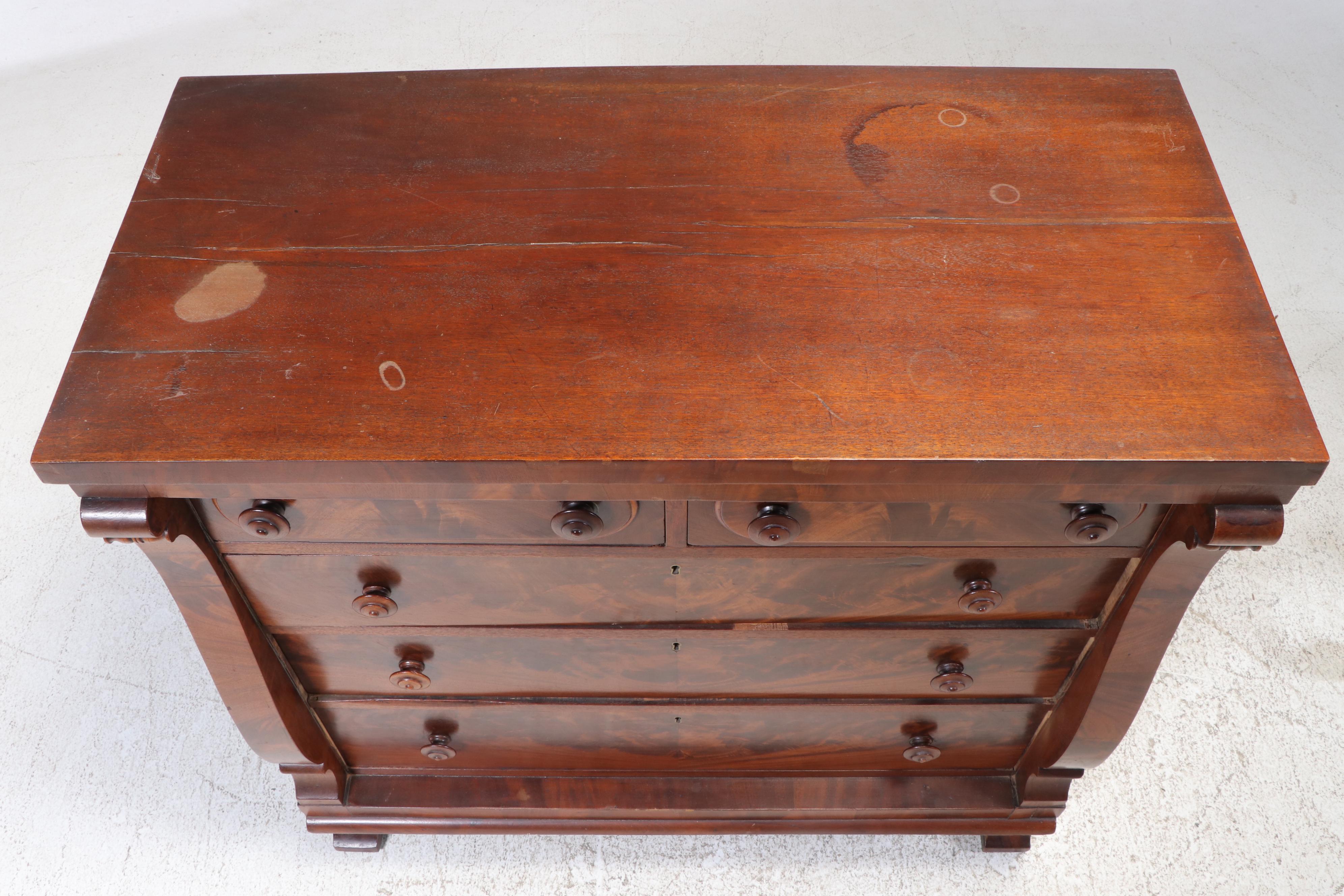 American Empire Flame Mahogany Five-Drawer Chest, Mid-19th Century