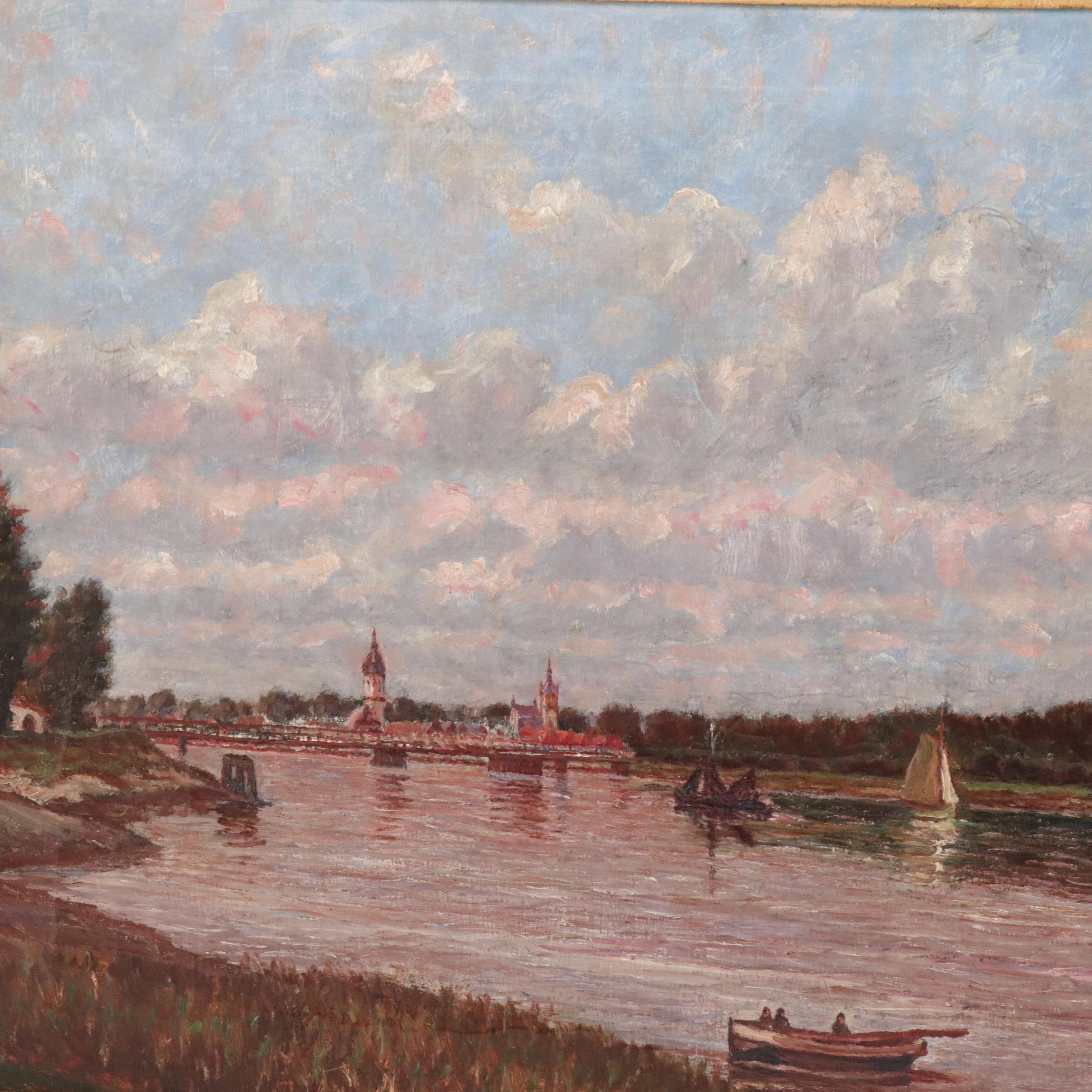 Edouard de Looz-Block Belgian Coastal City Landscape Oil Painting, 1925