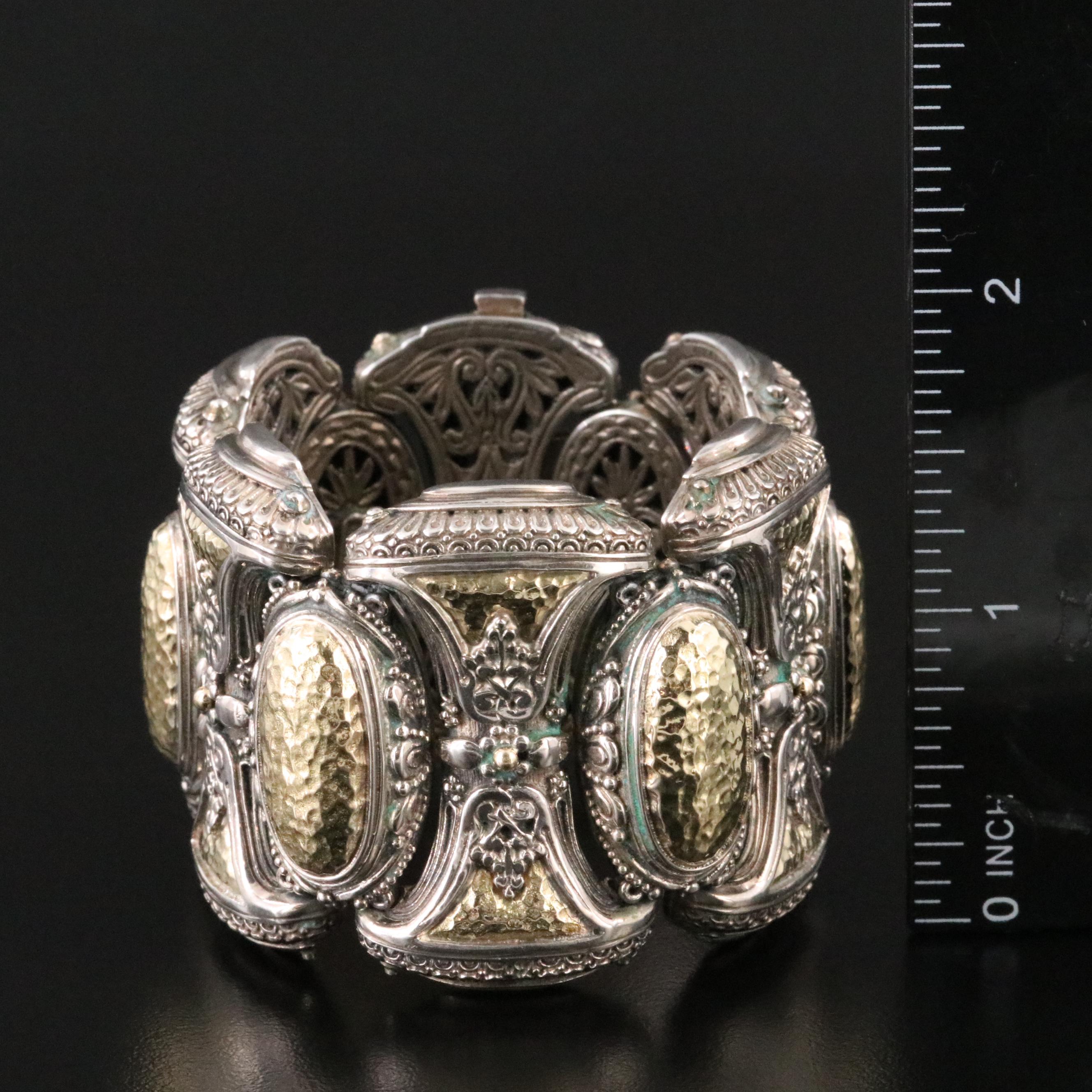 Konstantino Sterling and 18K Hammered Link Panel Bracelet