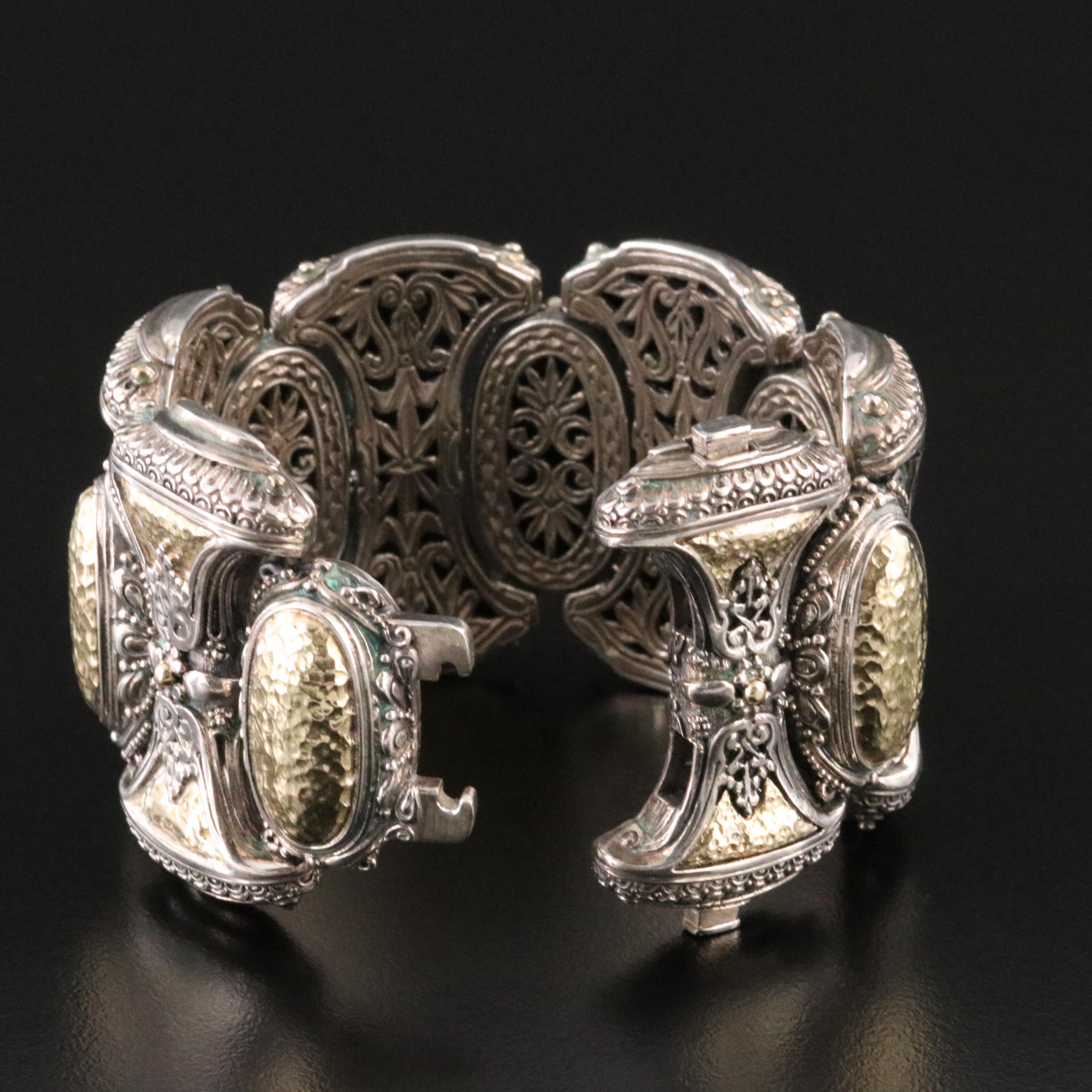 Konstantino Sterling and 18K Hammered Link Panel Bracelet