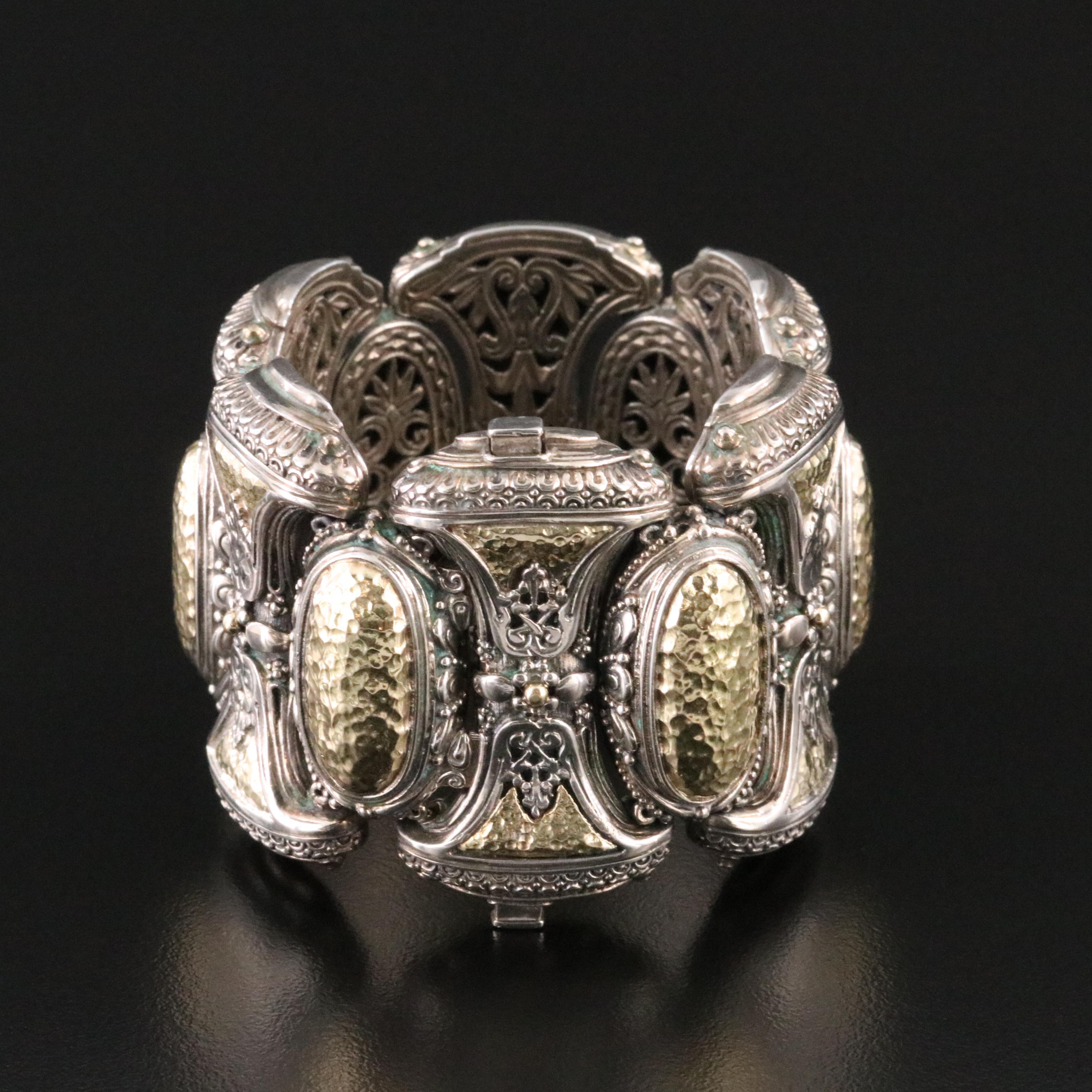 Konstantino Sterling and 18K Hammered Link Panel Bracelet