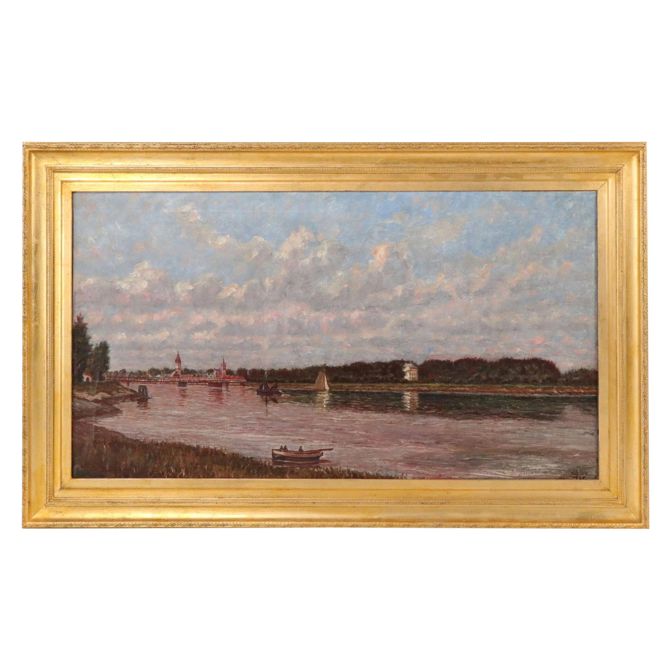 Edouard de Looz-Block Belgian Coastal City Landscape Oil Painting, 1925