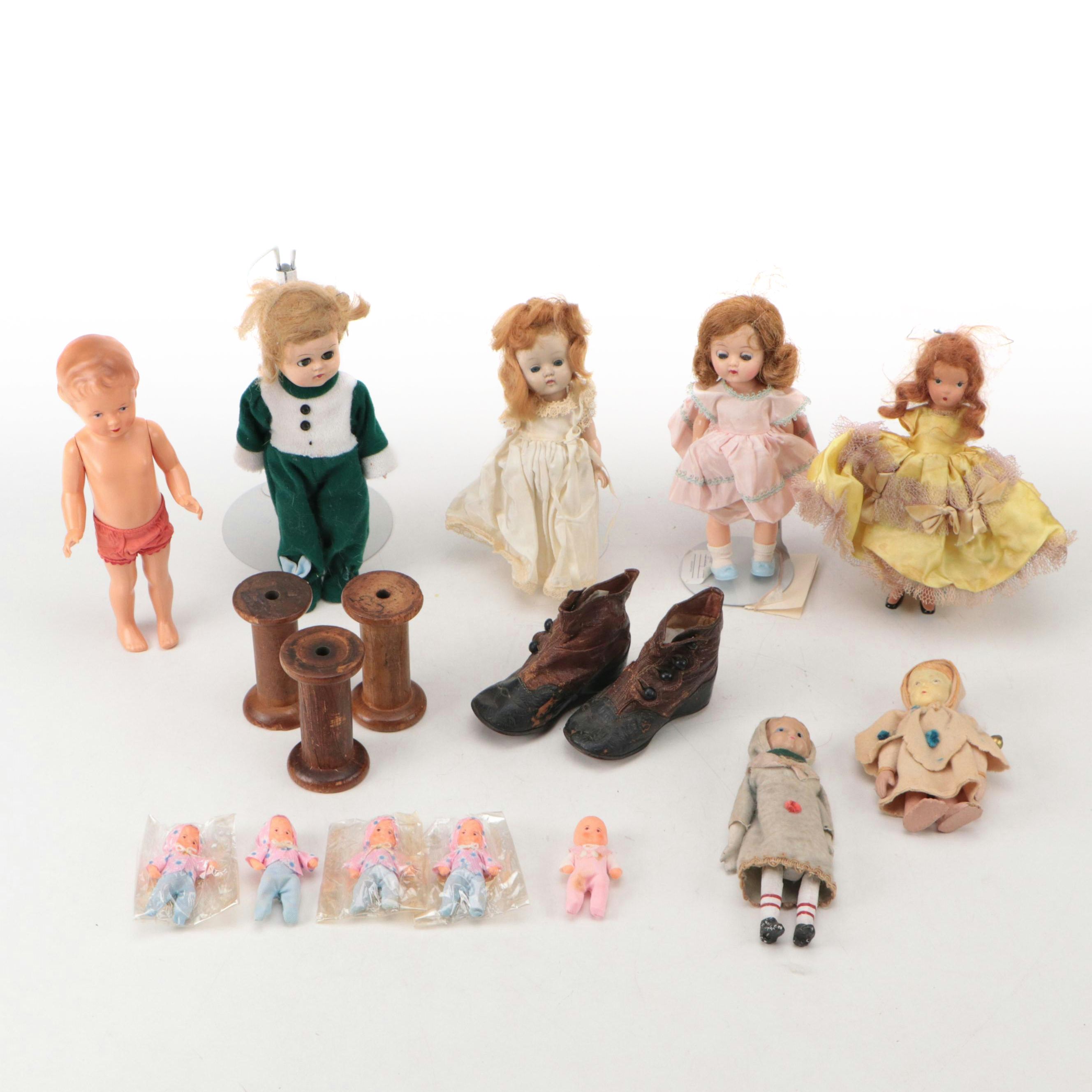 D.H. Fargo & Co. Leather Baby Boots, ARI Rubber Dolls, and Wooden Bobbins