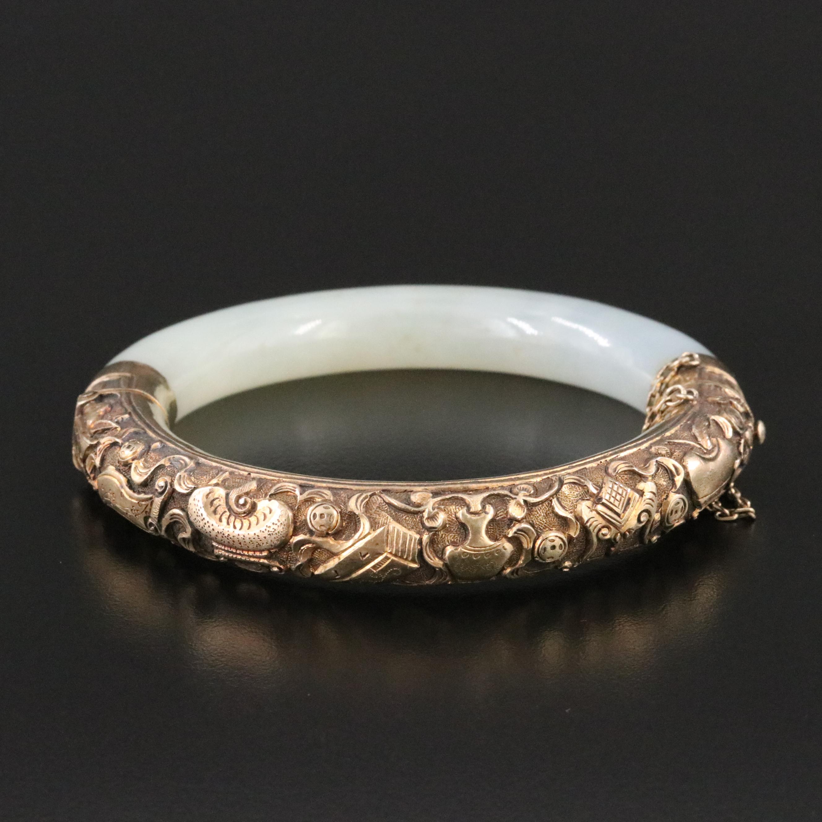 Chinese Export 950 Silver Jadeite Chased Bracelet