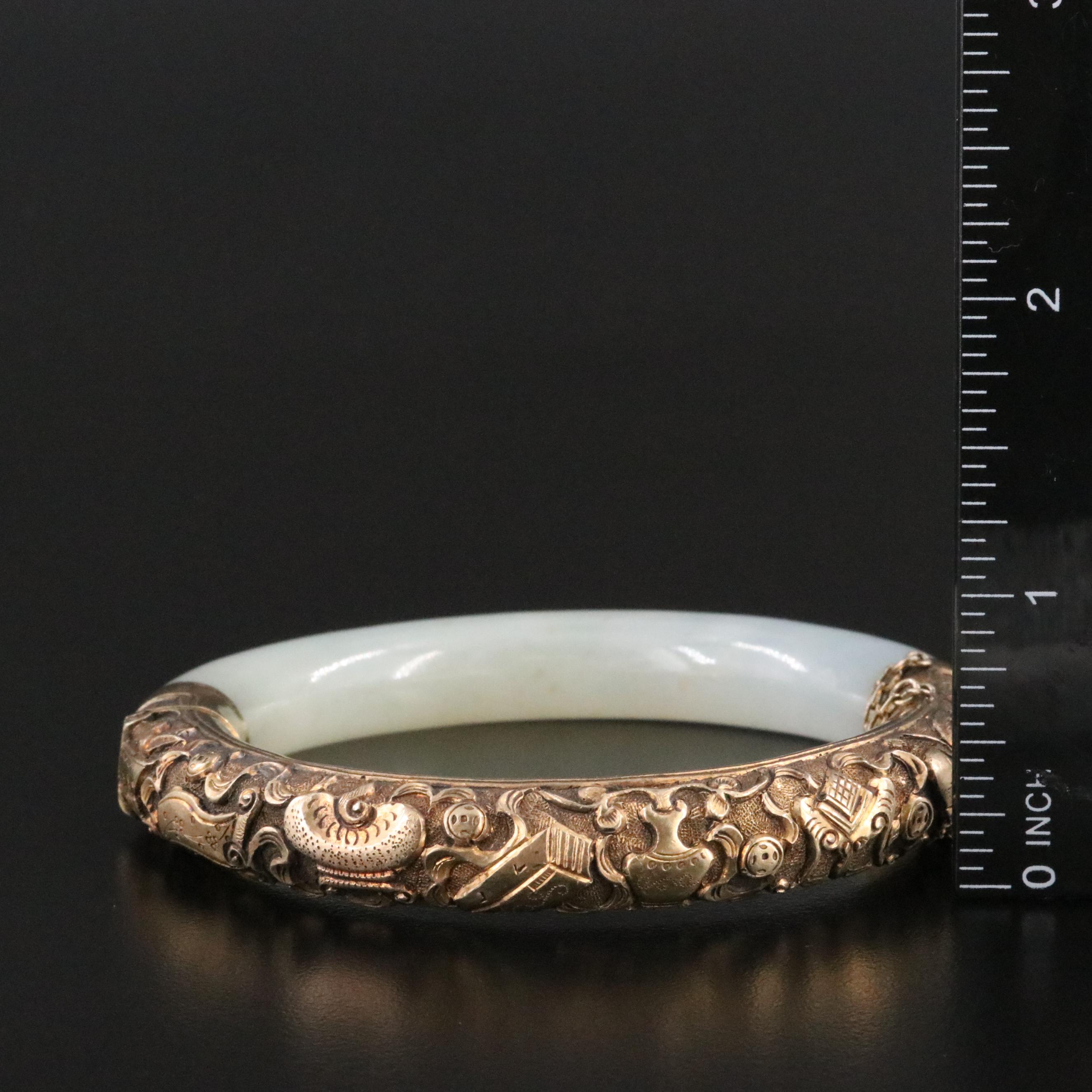 Chinese Export 950 Silver Jadeite Chased Bracelet