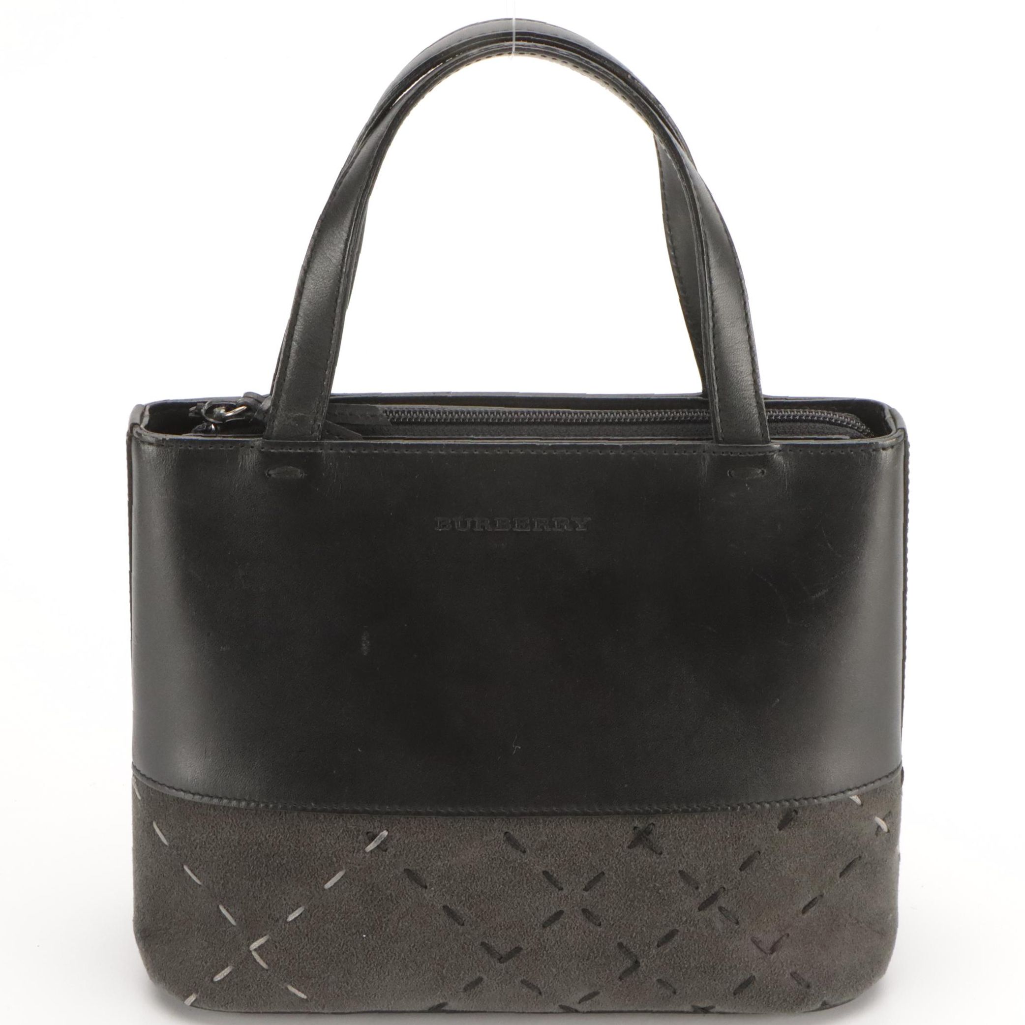 Burberry Black Leather and Whipstitch Quilted Suede Zip-Top Handbag
