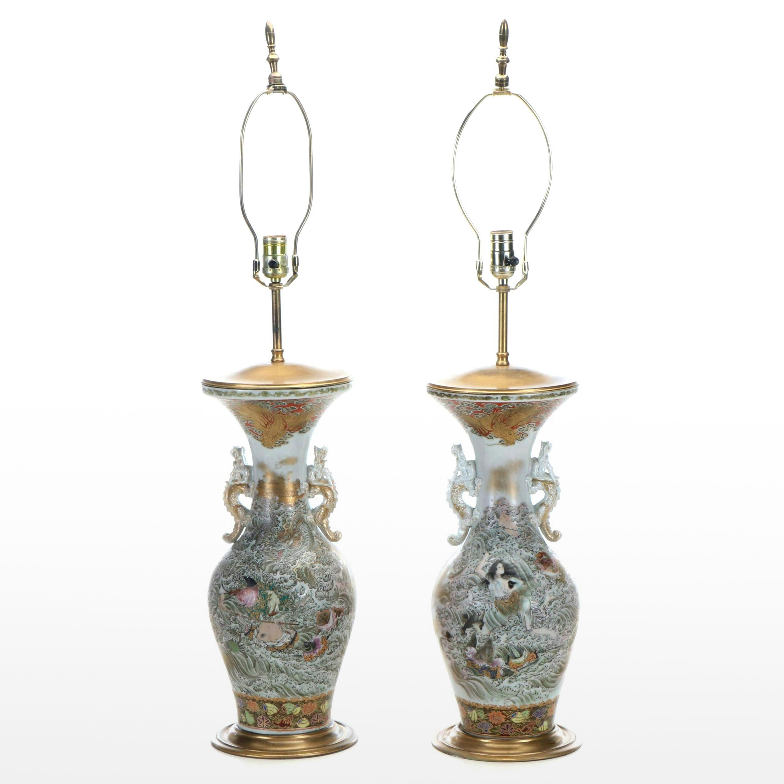 Japanese Satsuma Porcelain Vase Lamps with Scenes From Folk Tales