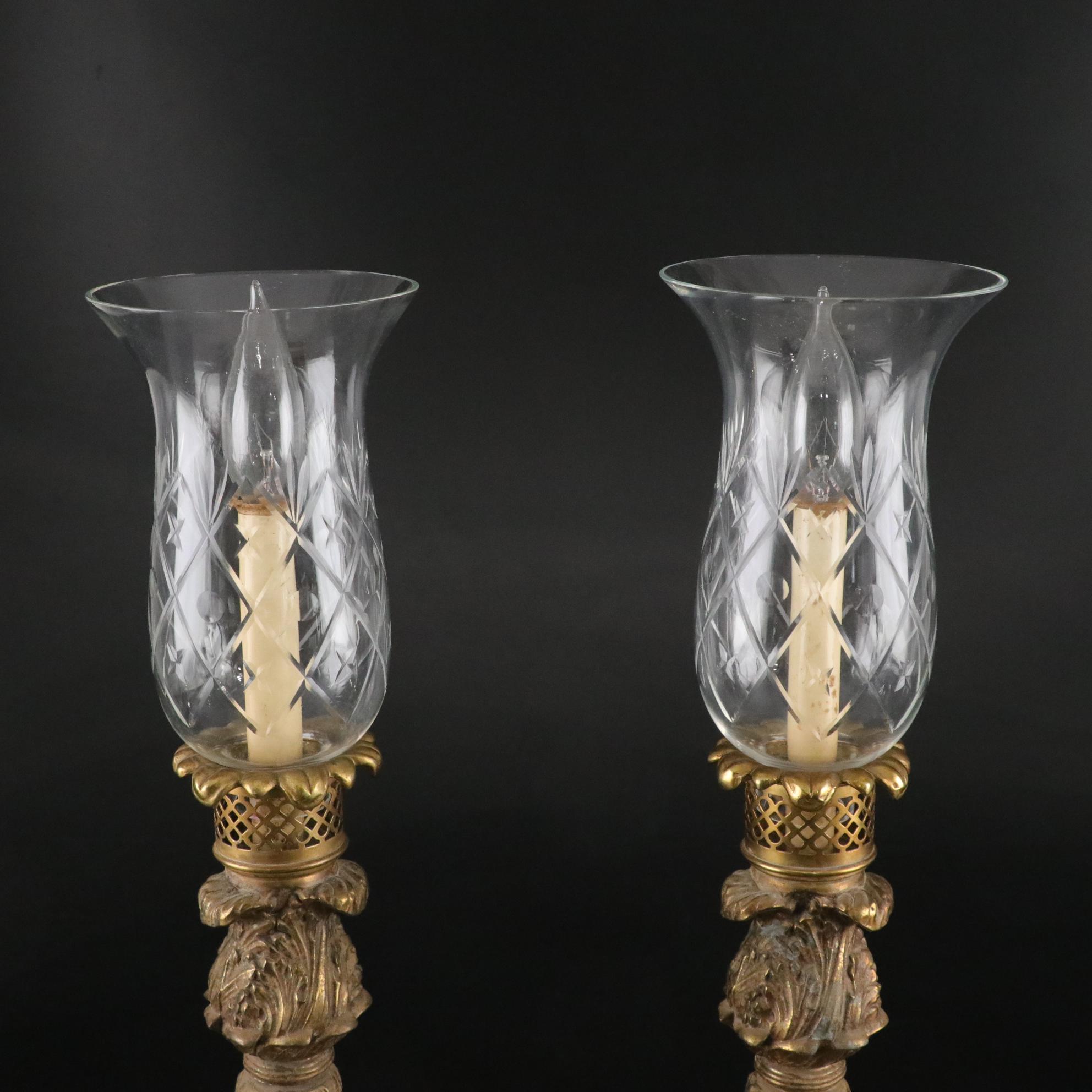 Neoclassical Brass Lamps with Cut Glass Hurricanes, Mid-20th Century